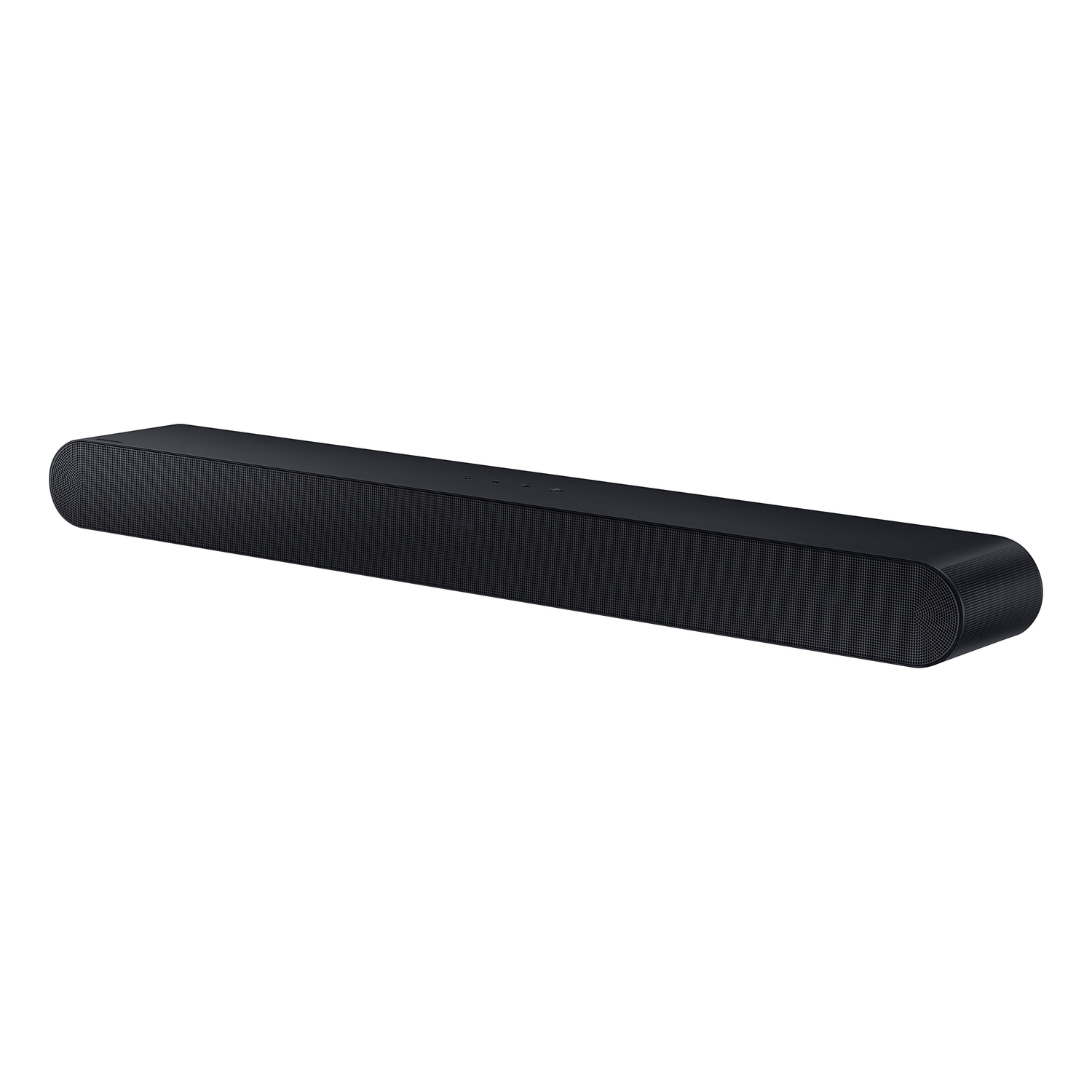 Black soundbar, curved shape, with perforations along the front. White background.