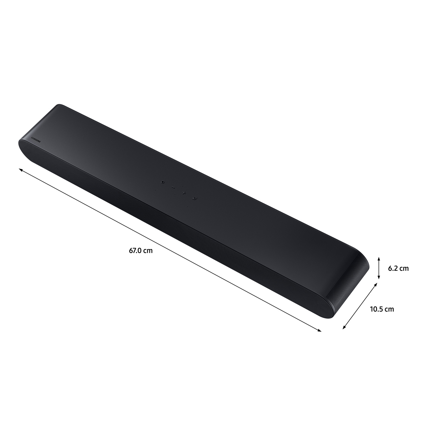 Black soundbar with dimensions: 67.0 cm long, 10.5 cm wide, and 6.2 cm high.