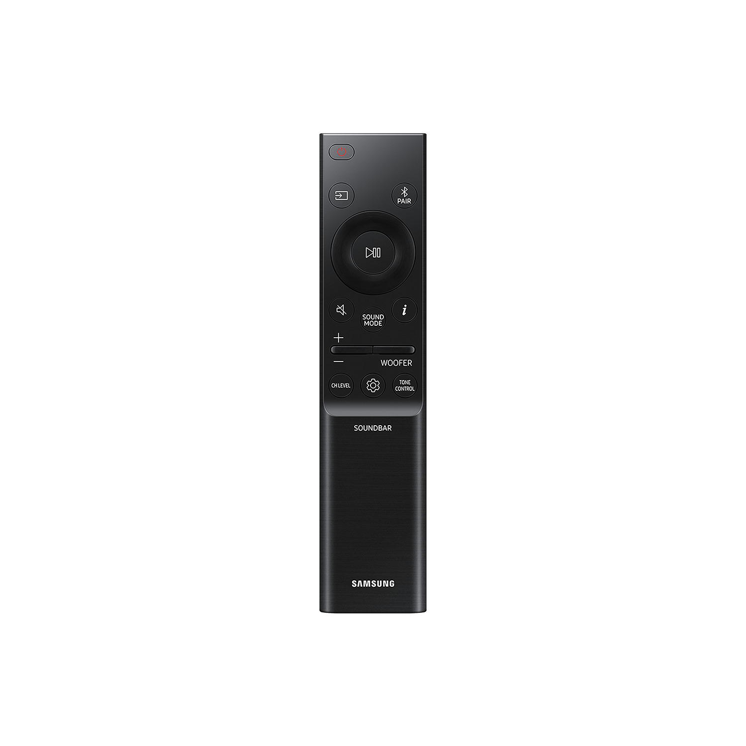 A black remote control with various buttons, labeled 'SOUNDBAR' and 'SAMSUNG'.