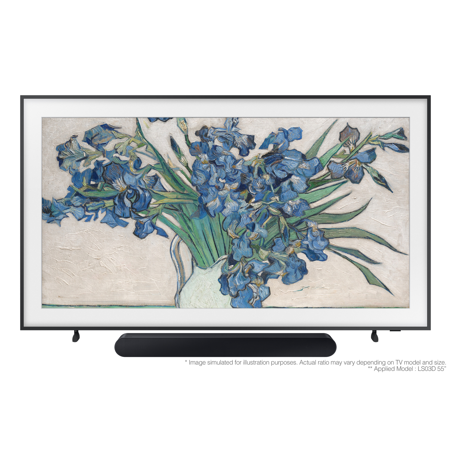 A Samsung TV displaying a floral painting in a black frame, with a soundbar below.