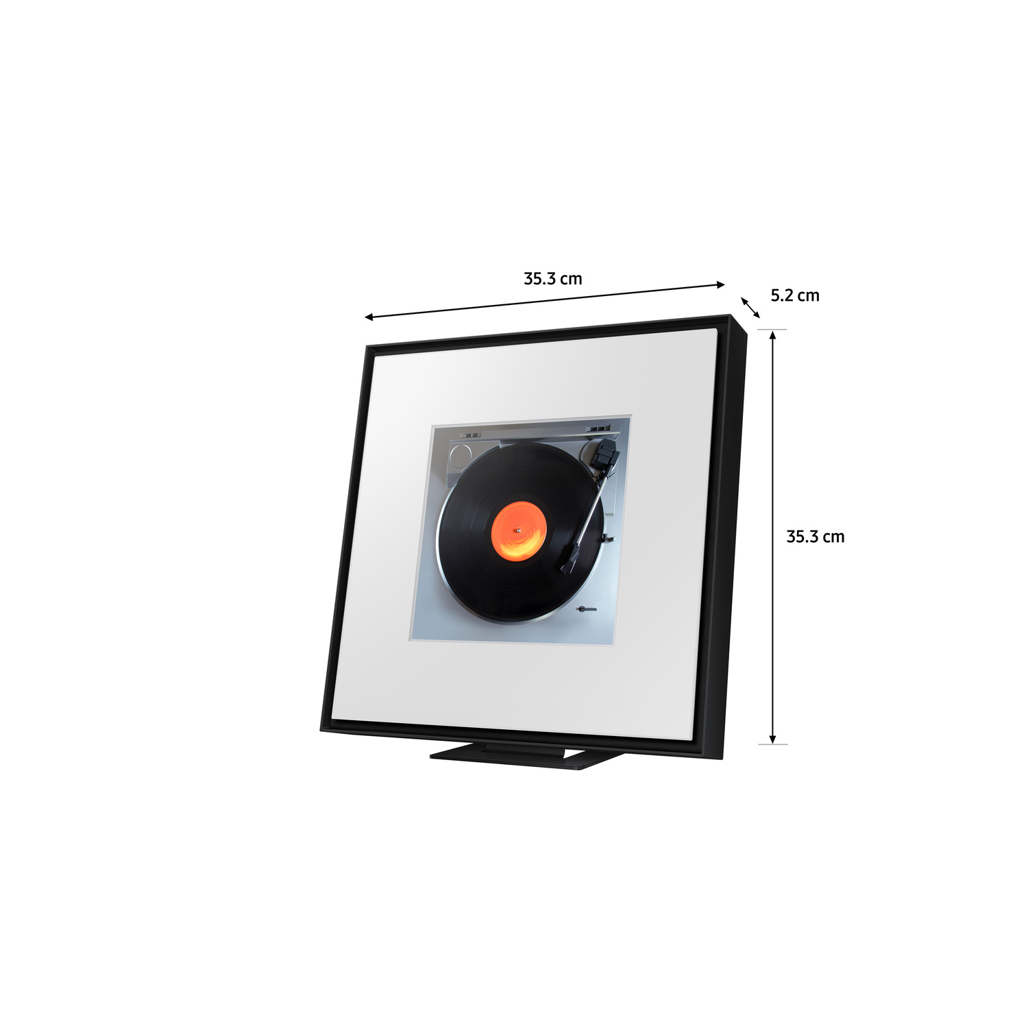Un tourne-disque encadré vu de côté, avec les mesures affichées.