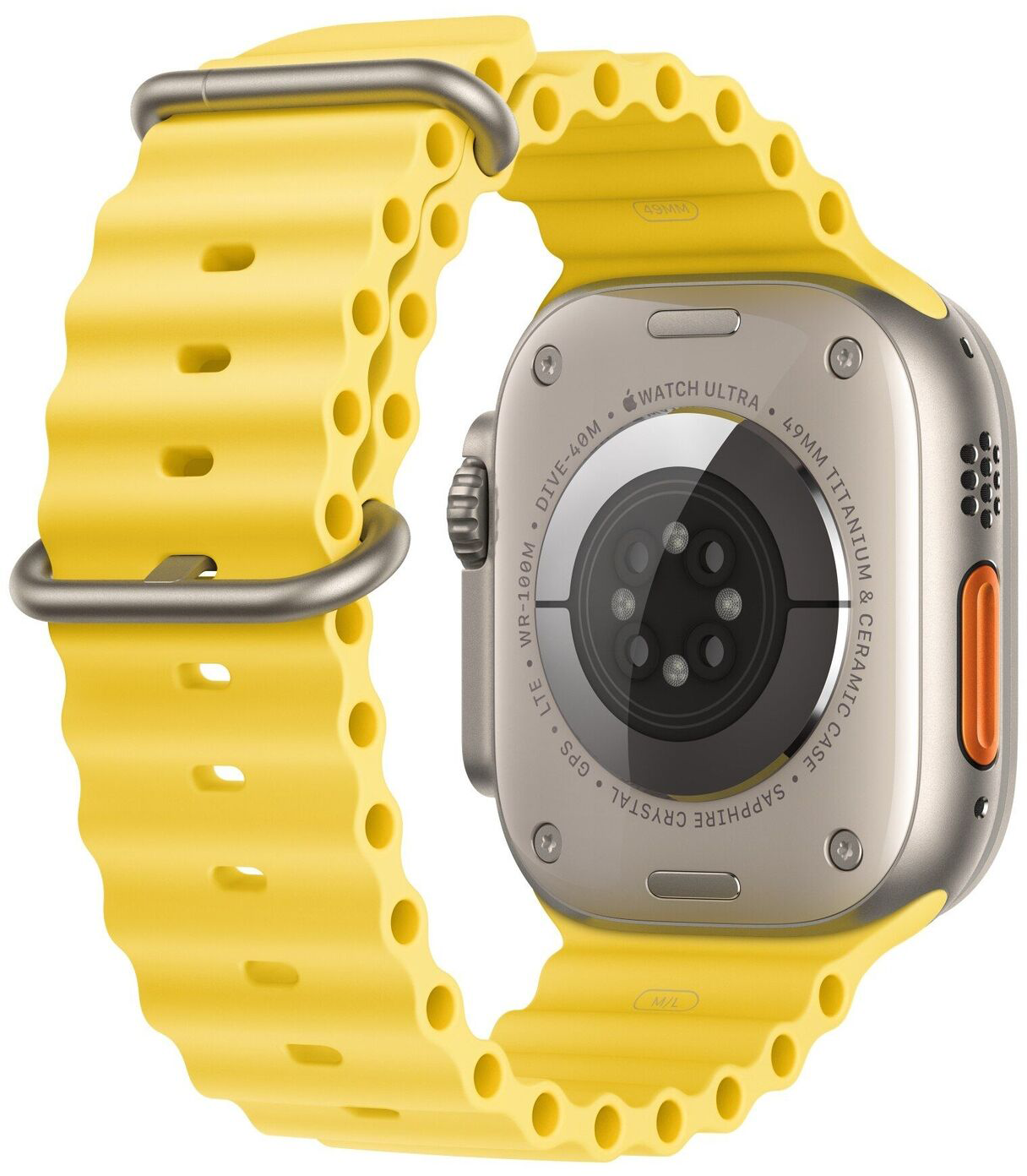 Apple Watch Ultra sárga szíjjal. Az óra ezüst tokkal és fekete képernyővel rendelkezik. A szíj hullámos.