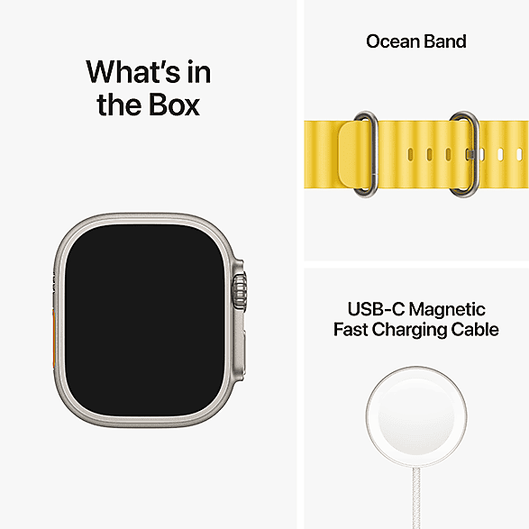 Egy Apple Watch Ultra, sárga Ocean Band és egy USB-C töltő látható fehér háttér előtt.