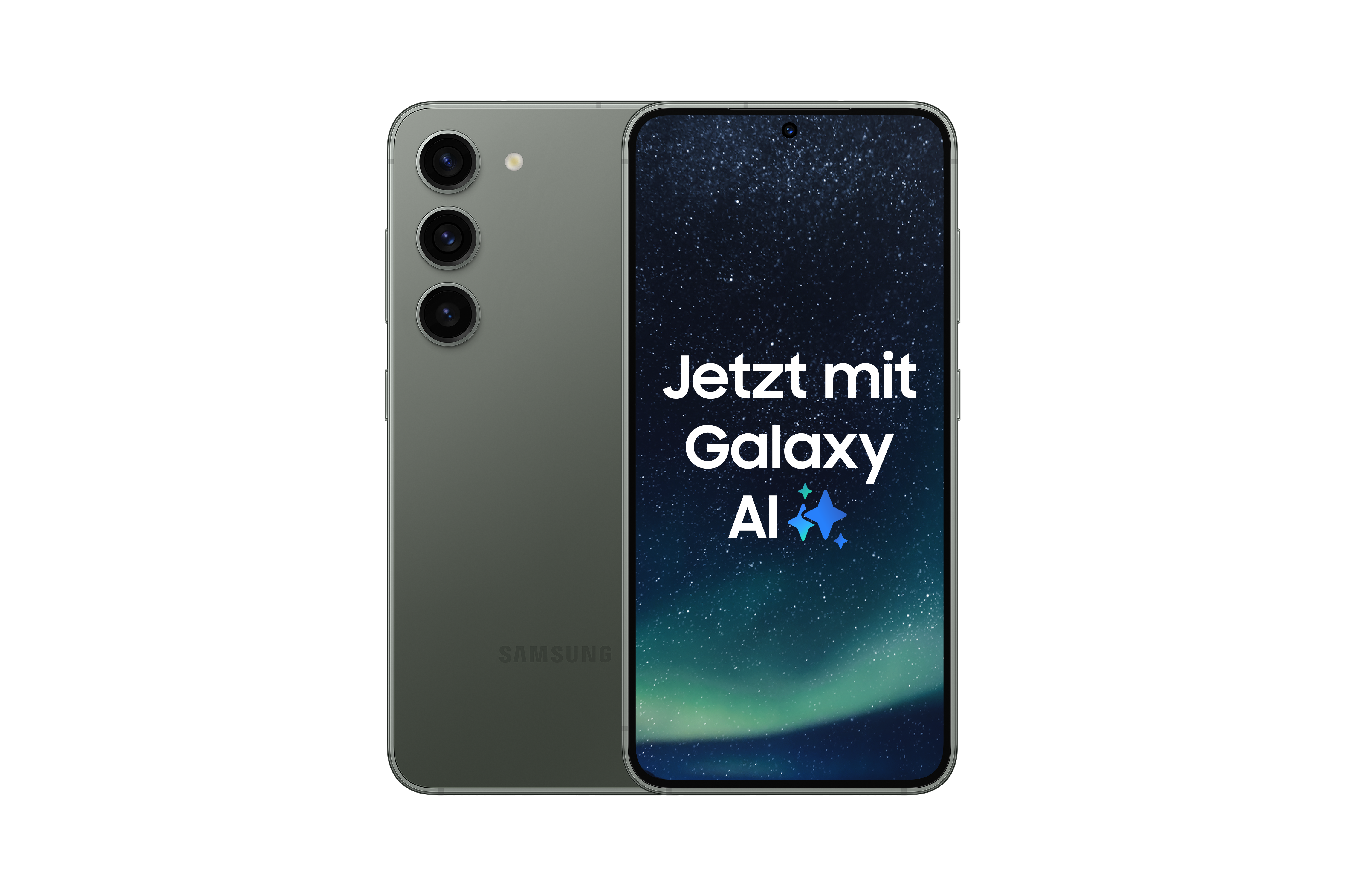 Ein Samsung Galaxy S23 Telefon, das seine Rückseite und Vorderseite zeigt. Der Bildschirm zeigt 'Jetzt mit Galaxy AI'.