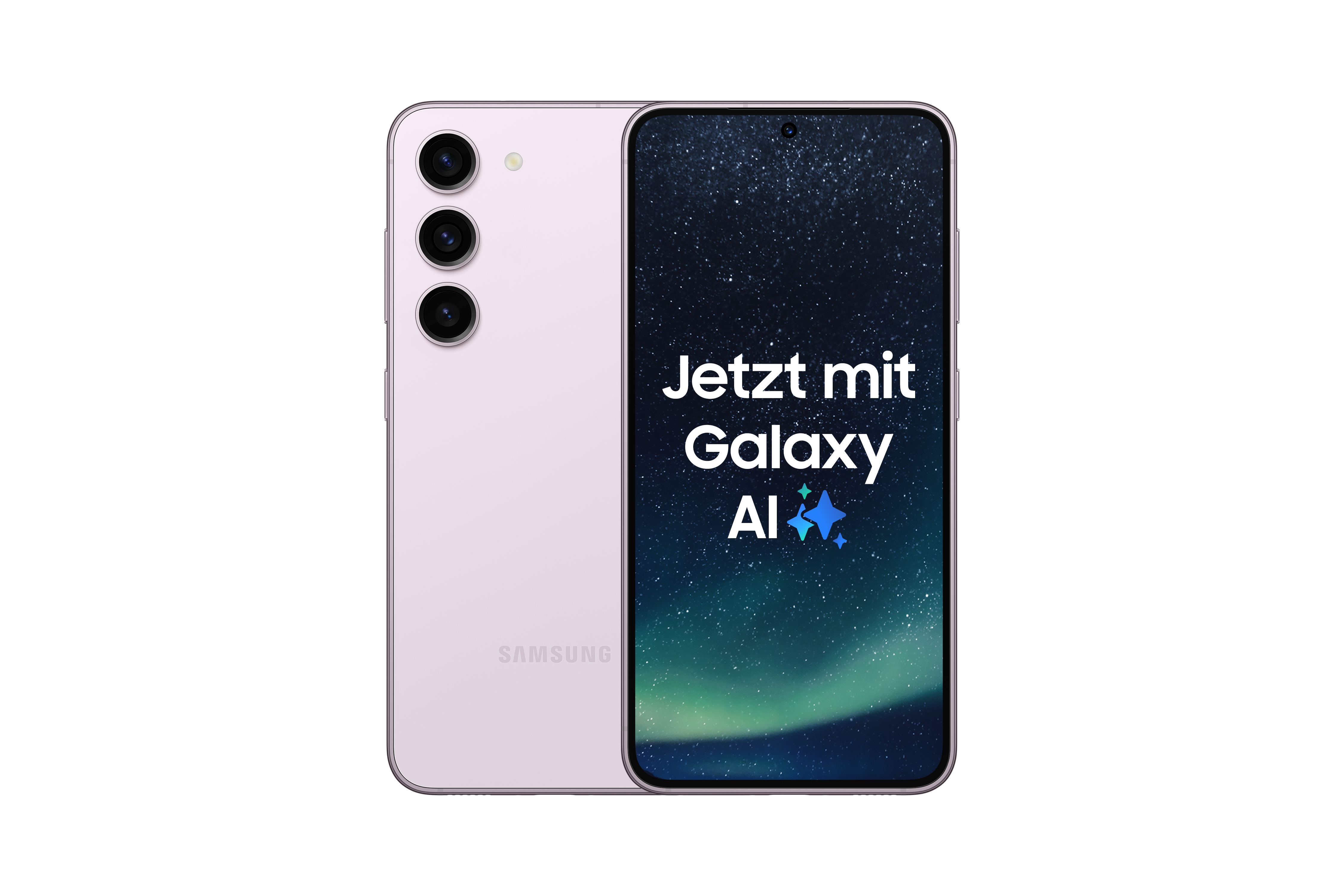 Rosa Telefon mit Dreifach-Kamera, Rückseite mit Galaxy AI-Text.