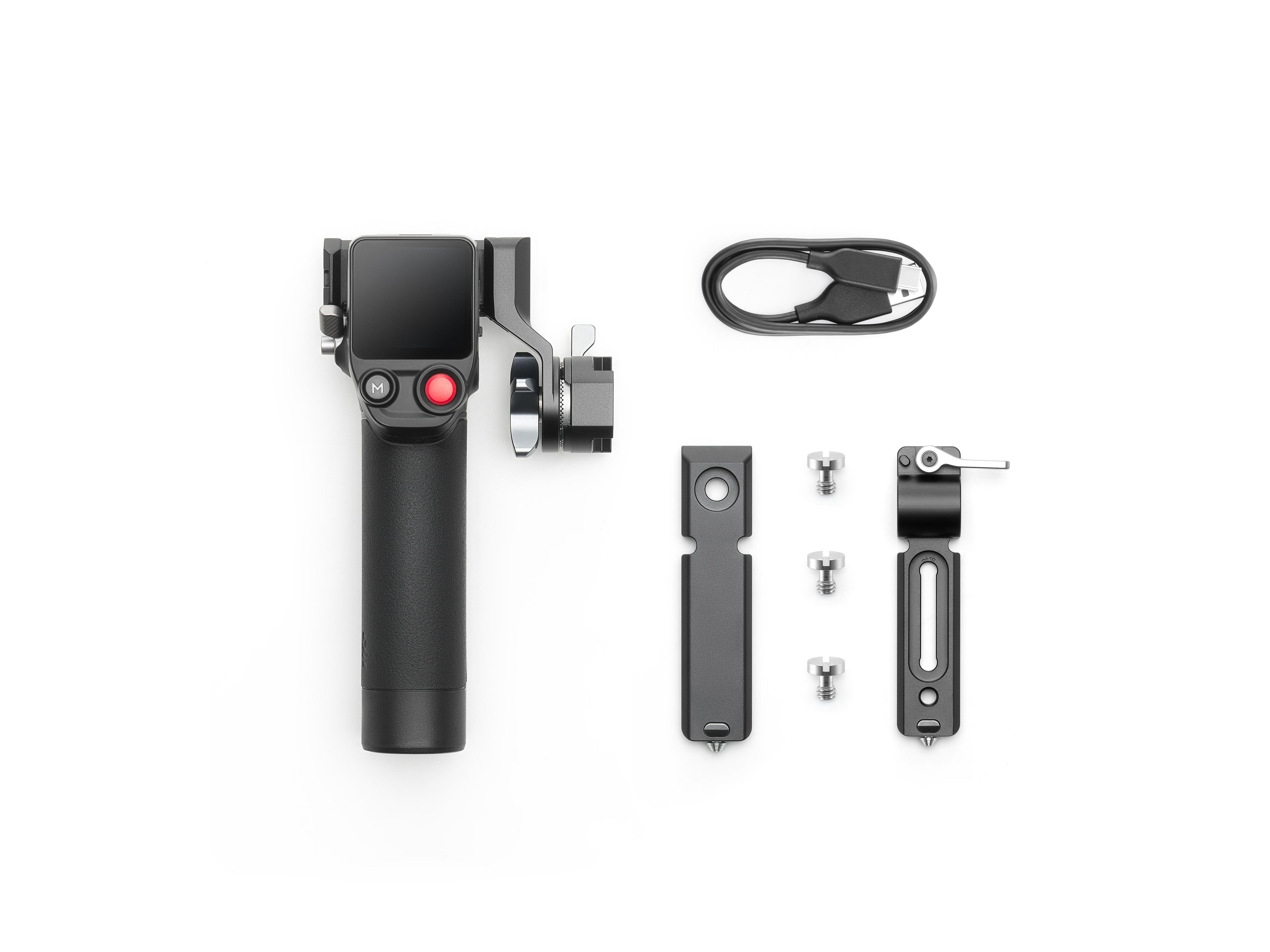 Ein schwarzes Stabilisierungs-Kit mit Zubehör wird auf einer weißen Oberfläche angezeigt.