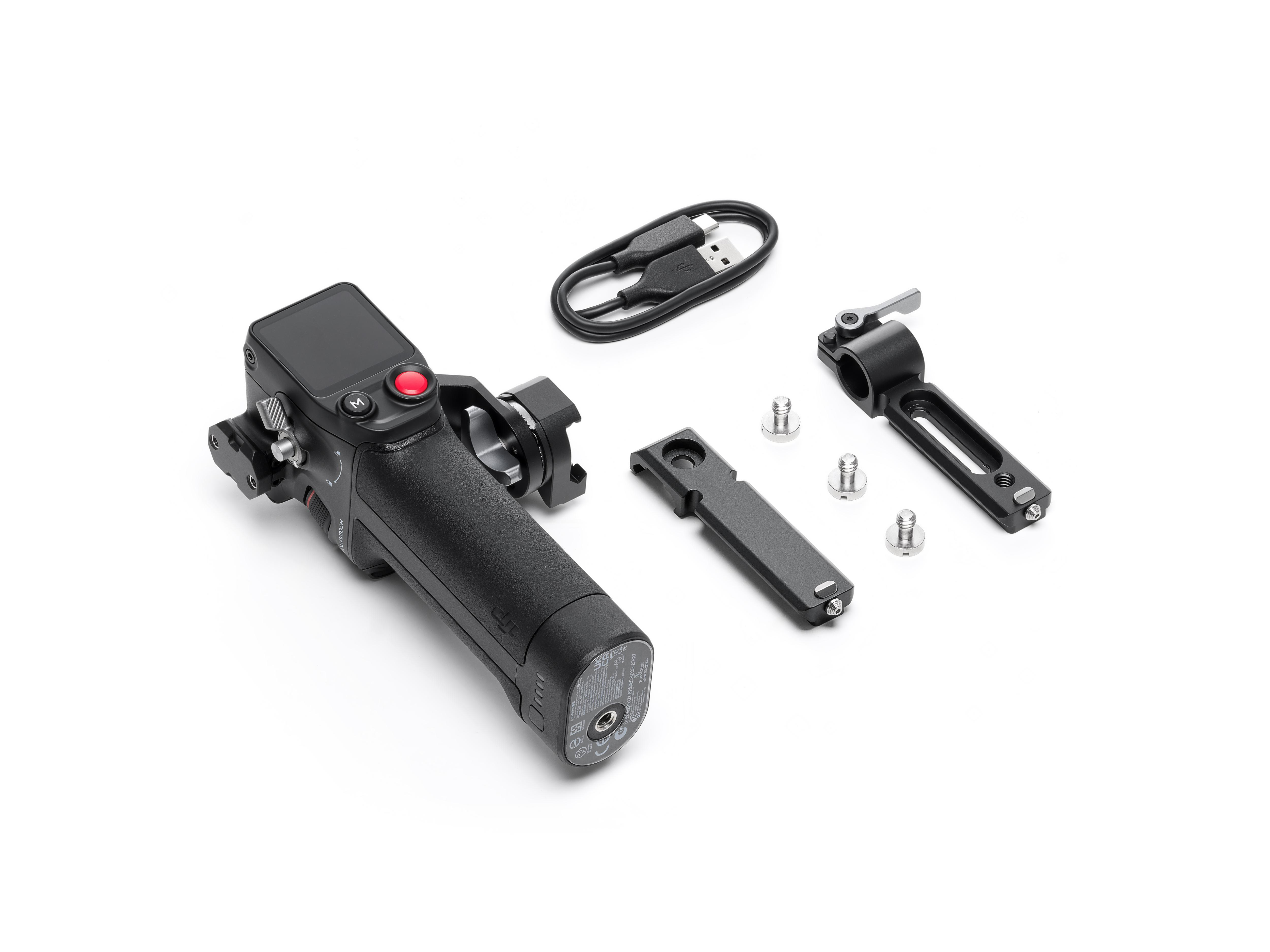 Kamera-Stabilisierungs-Kit mit Griff, Zubehör und Ladekabel.
