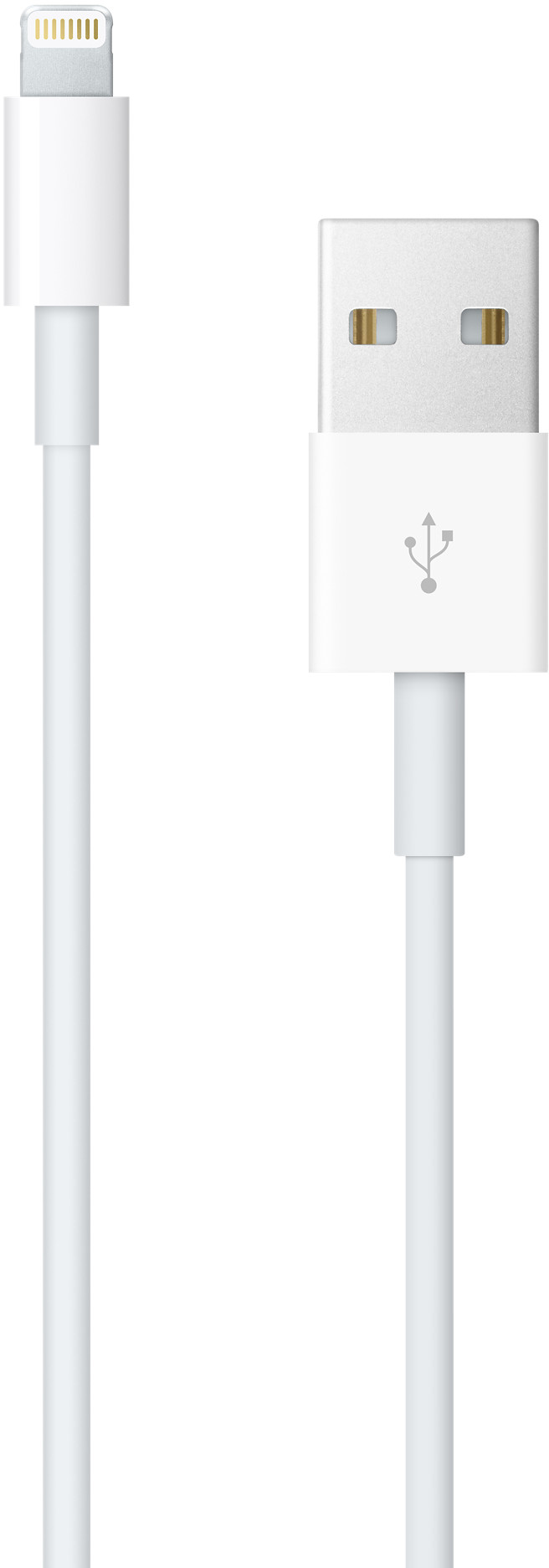 Fehér lightning-USB kábel. A kábel vékony és fehér. Egy lightning csatlakozó és egy USB csatlakozó.