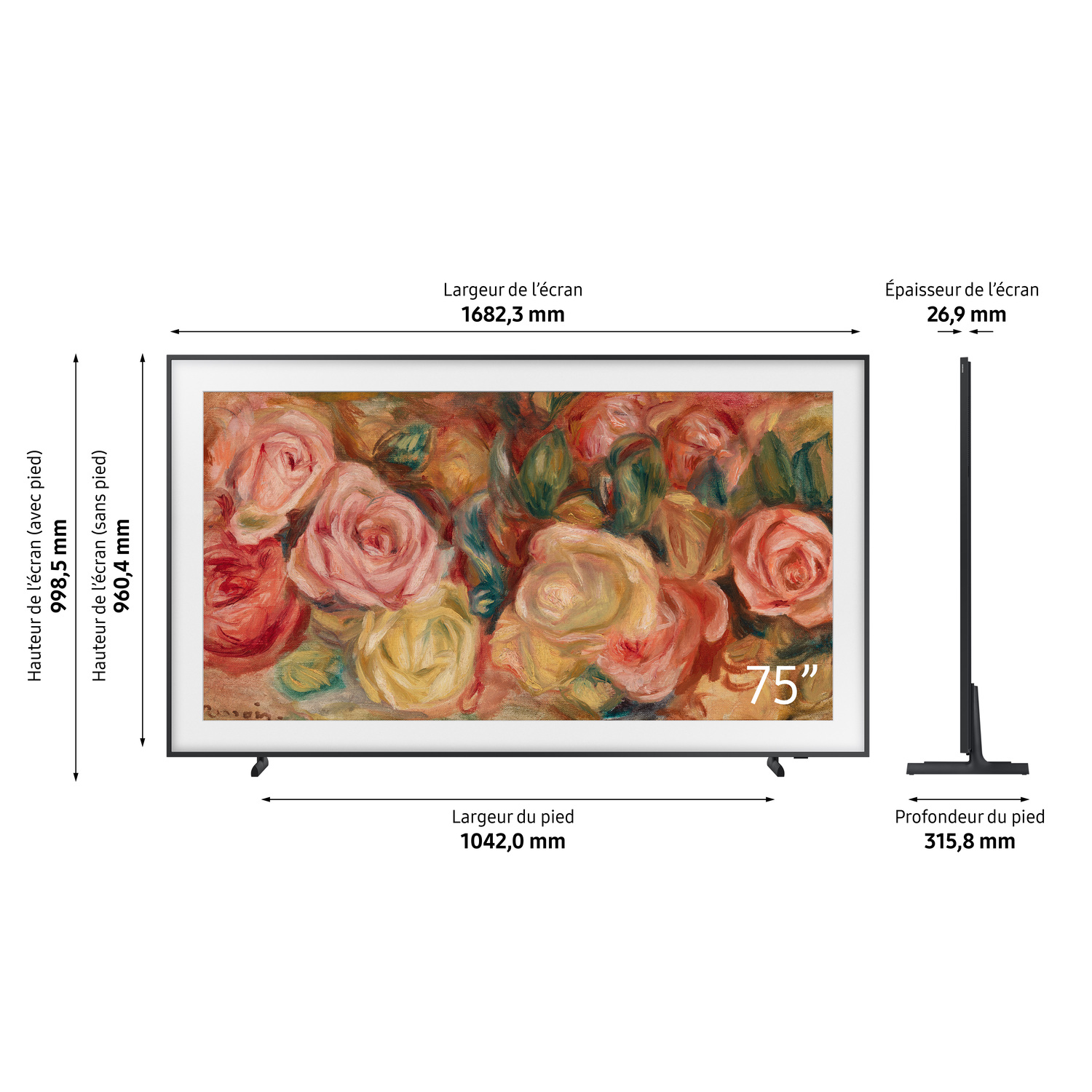 Téléviseur de 75 pouces affichant une peinture florale, avec dimensions. Le cadre est noir.