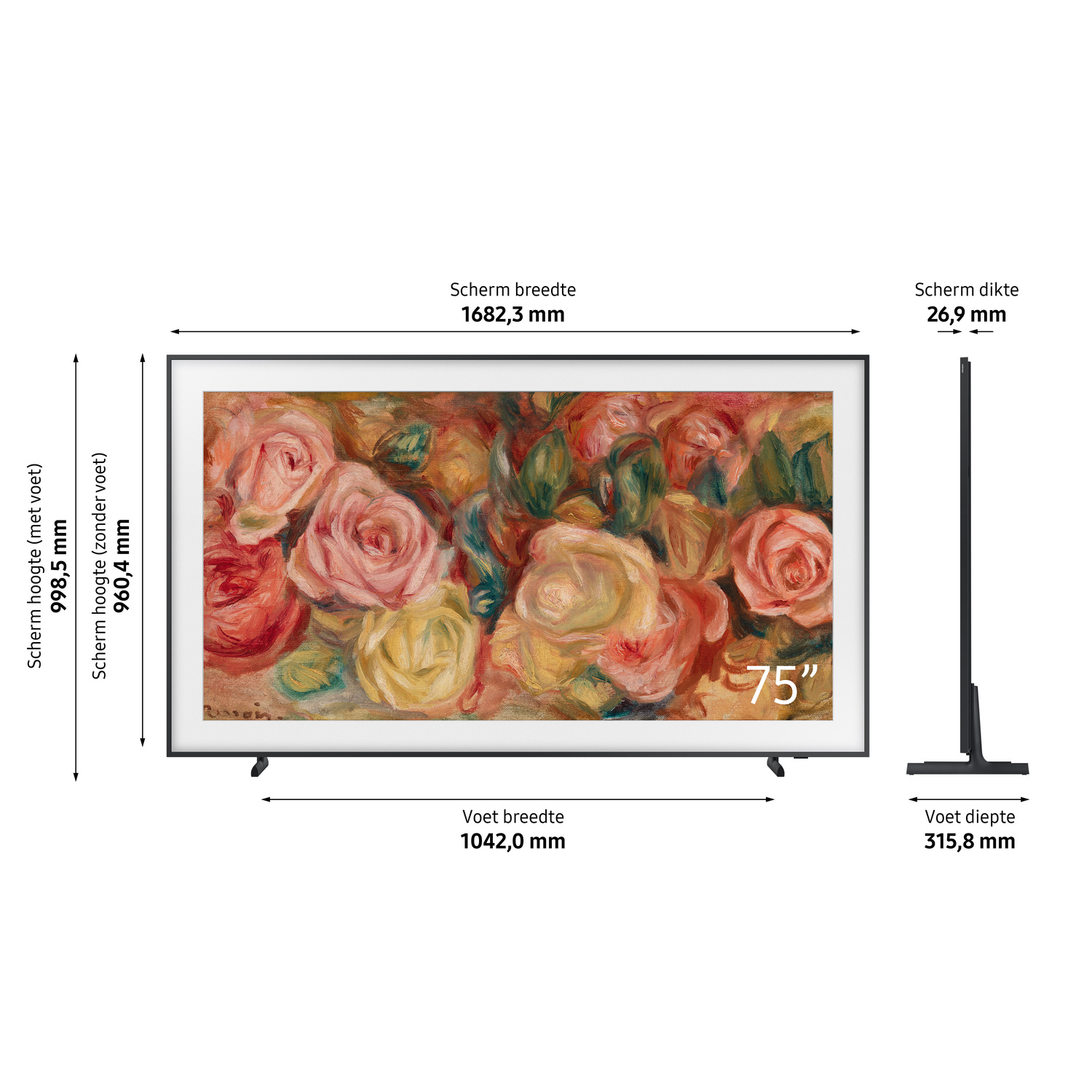 Tv-scherm met bloemenschilderij, met afmetingen aan de zijkant.