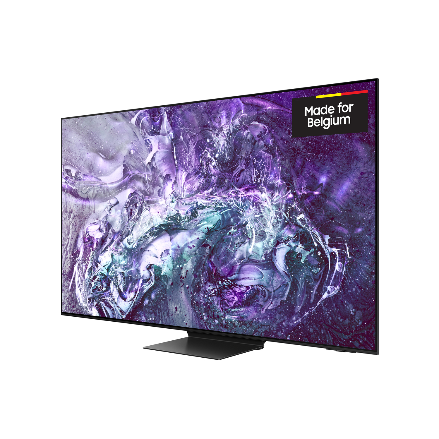 TV noir avec image de galaxie pourpre, étiquette Made for Belgium, pied noir.