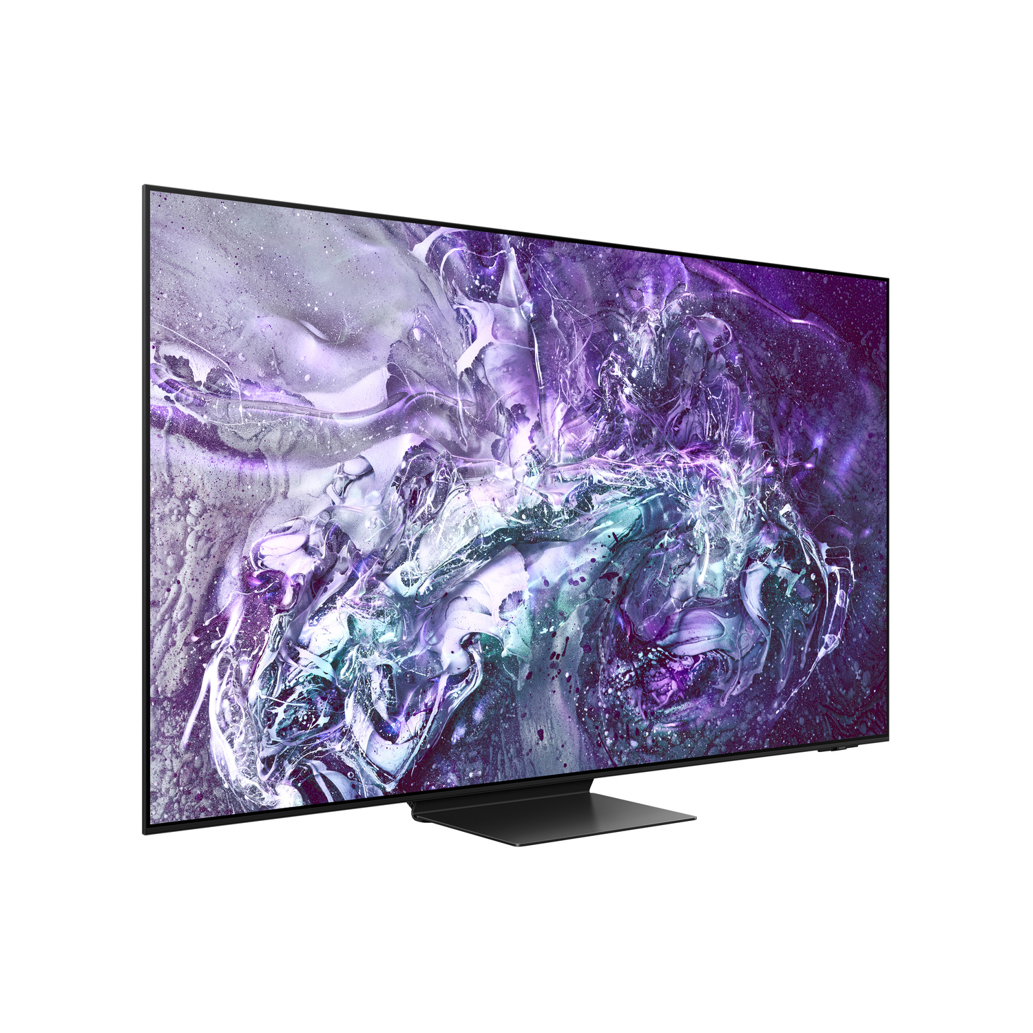 Une grande télévision noire avec une image abstraite vibrante à l'écran.