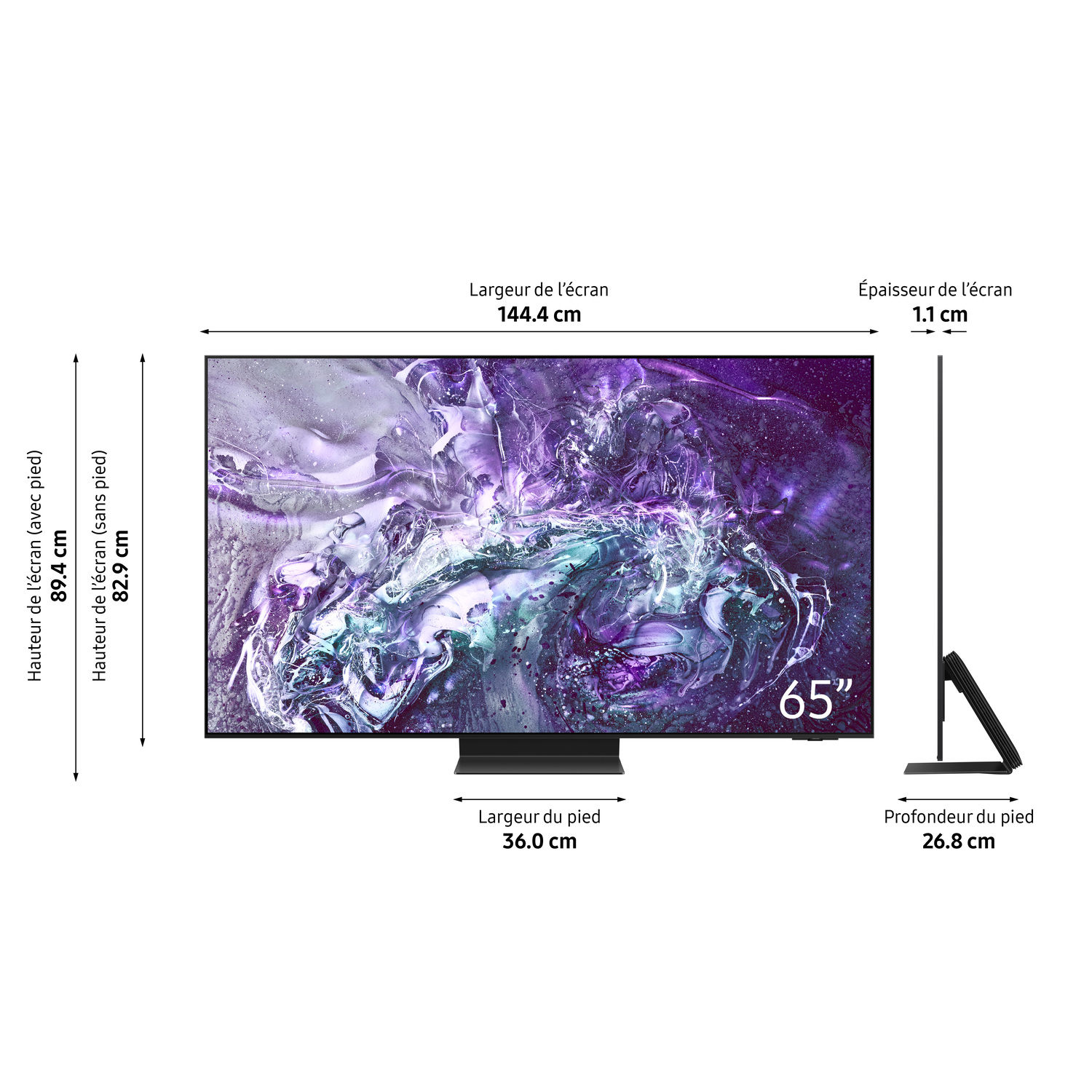 Téléviseur grand écran montrant les dimensions avec un pied noir, fond neutre.