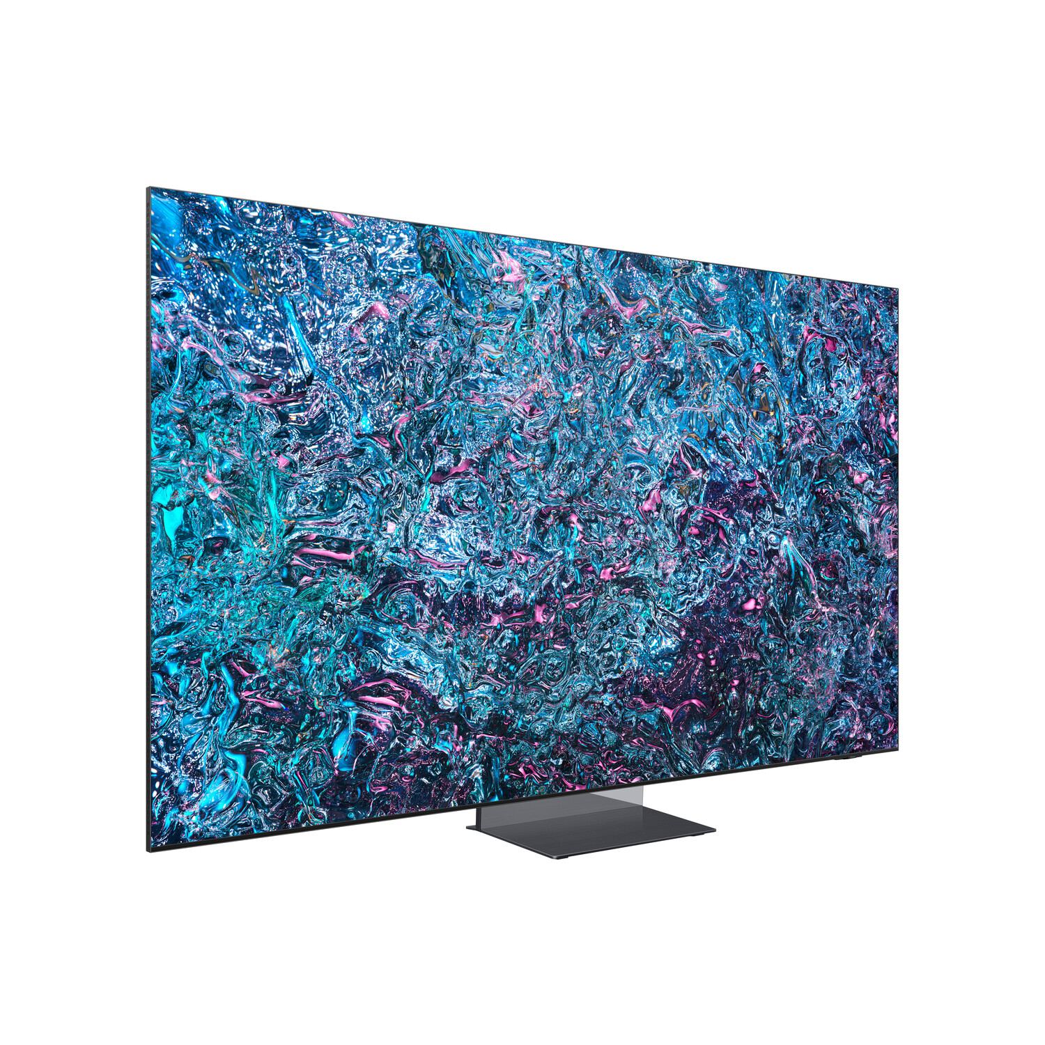 Een tv-scherm met een kleurrijke abstracte afbeelding. Het heeft een zilveren standaard.