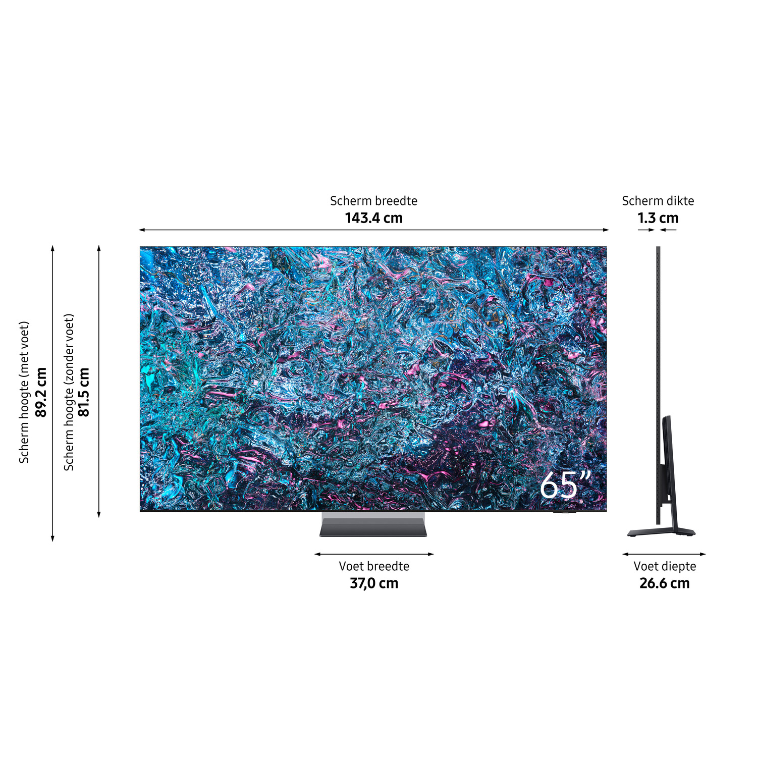 Een 65-inch tv met afmetingen, voor- en zijaanzicht, met een standaard.