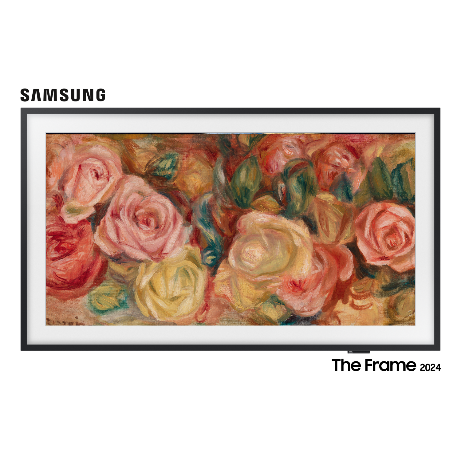 Een schilderij van rozen in verschillende kleuren, weergegeven op een Samsung 'The Frame' tv met zwart frame.