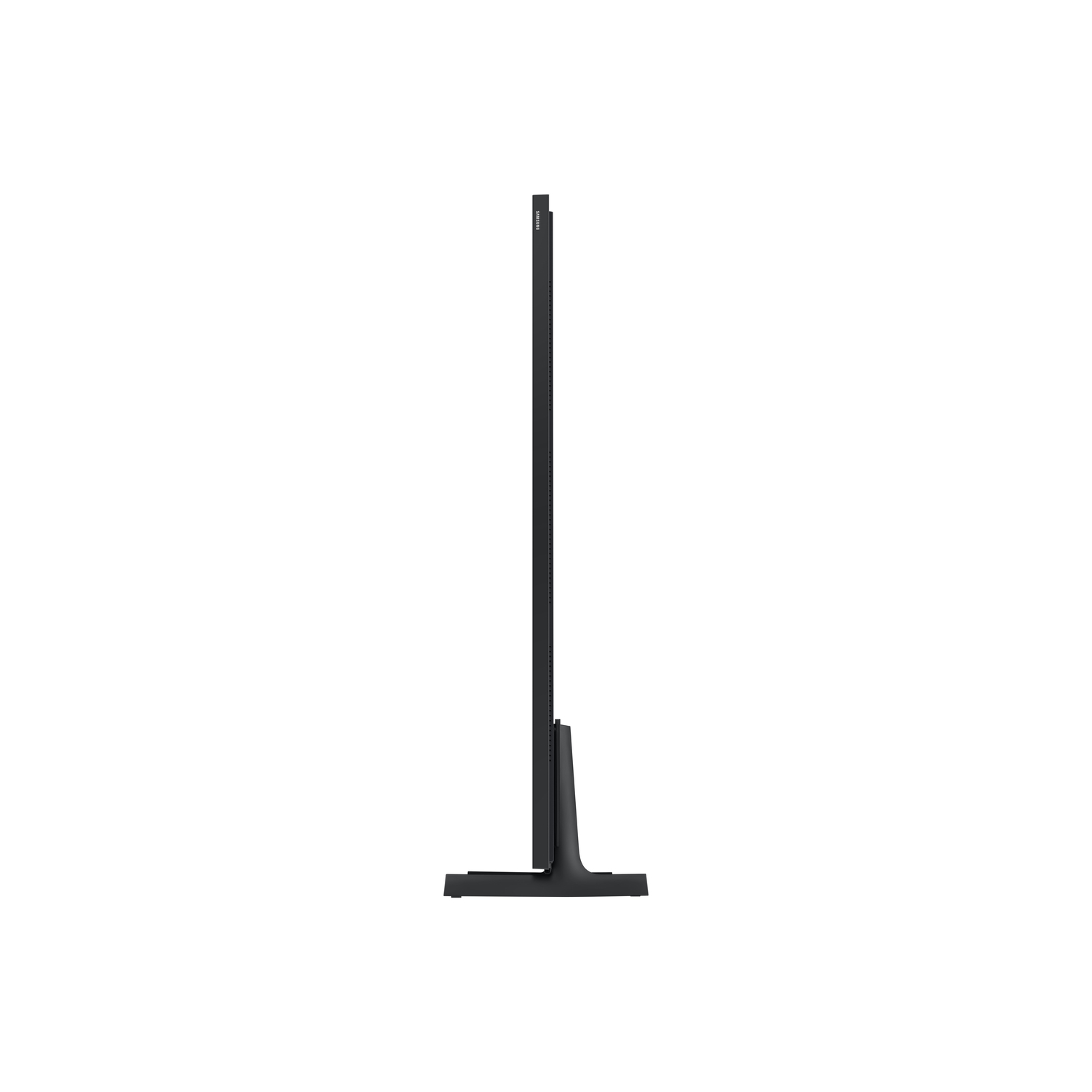Een zwarte tv, van opzij bekeken, met een strak, minimalistisch design.