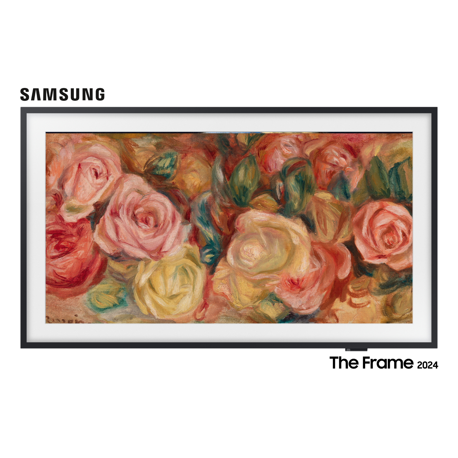 Une peinture de roses de différentes couleurs, affichée sur un téléviseur Samsung 'The Frame' à cadre noir.