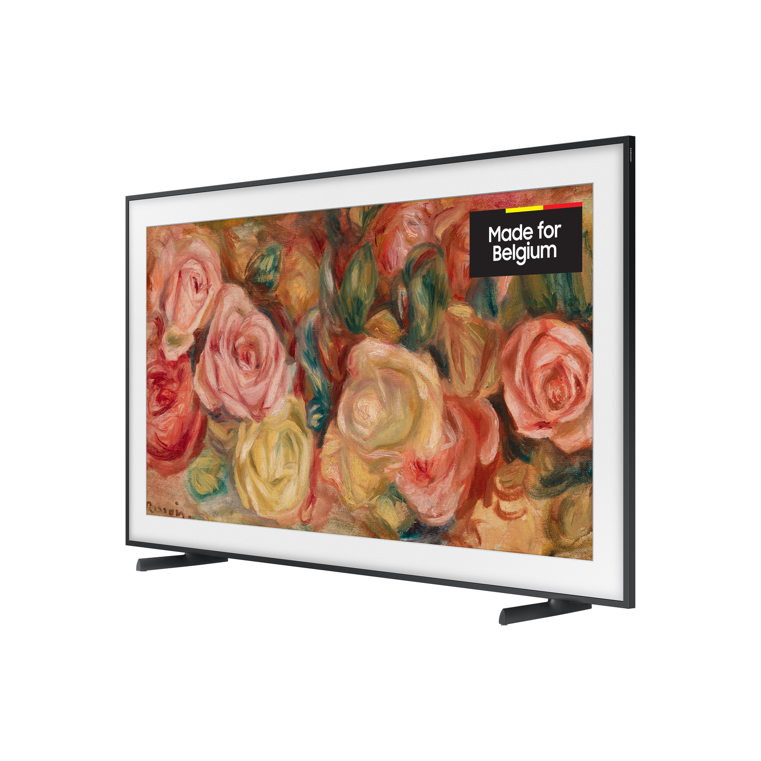 Un téléviseur affichant une peinture florale, avec l'étiquette 'Made for Belgium'. Cadre et socle noirs.