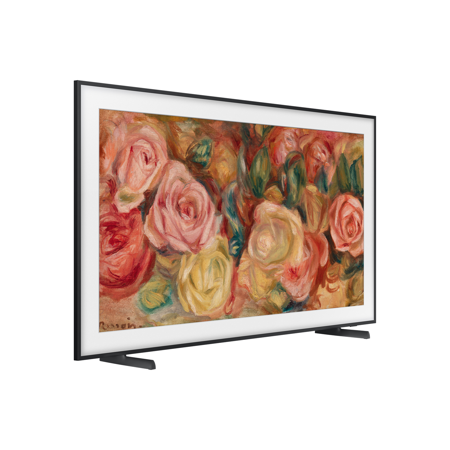 TV affichant une peinture florale, cadre noir, fond blanc.