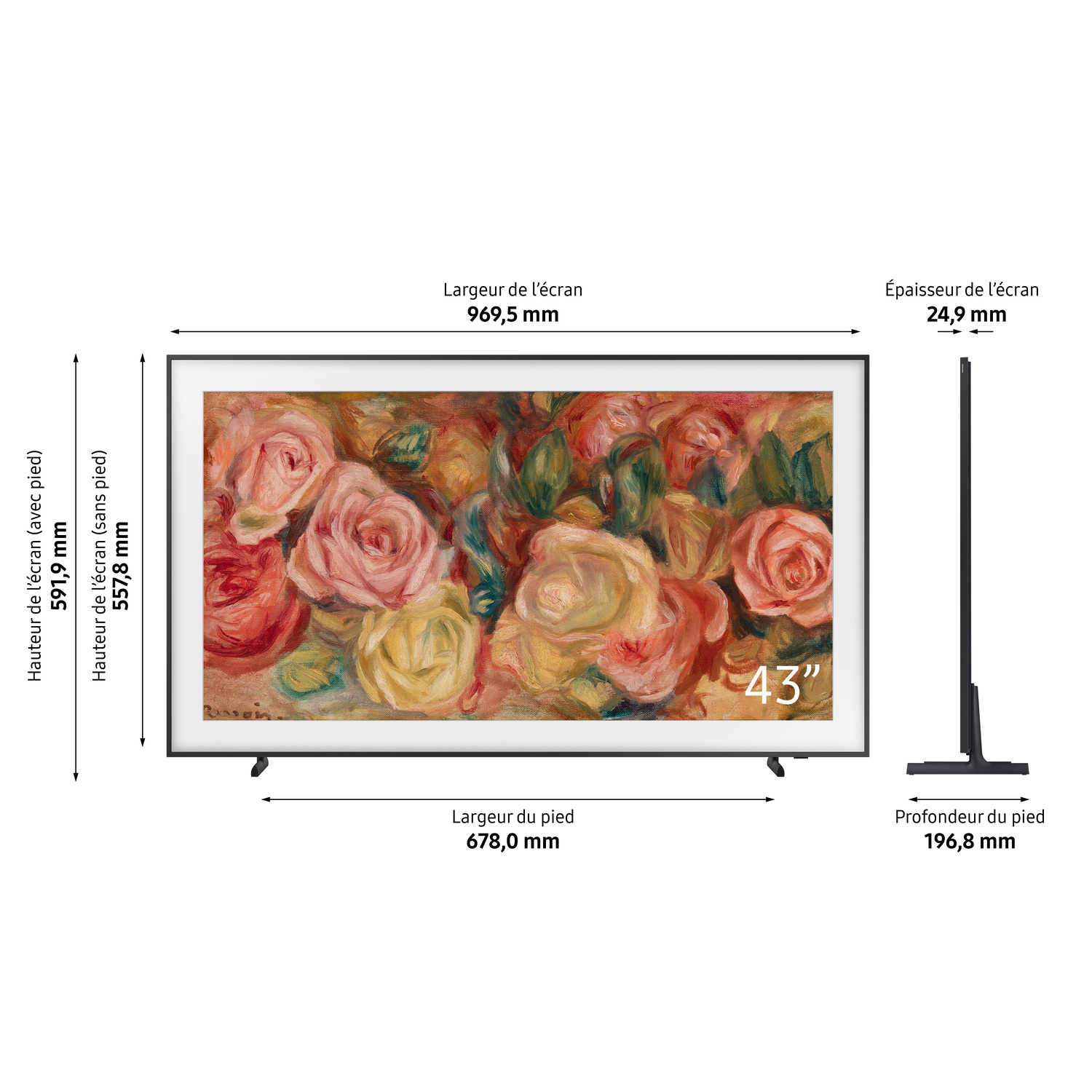 Écran de télévision affichant une peinture avec des dimensions et des mesures.