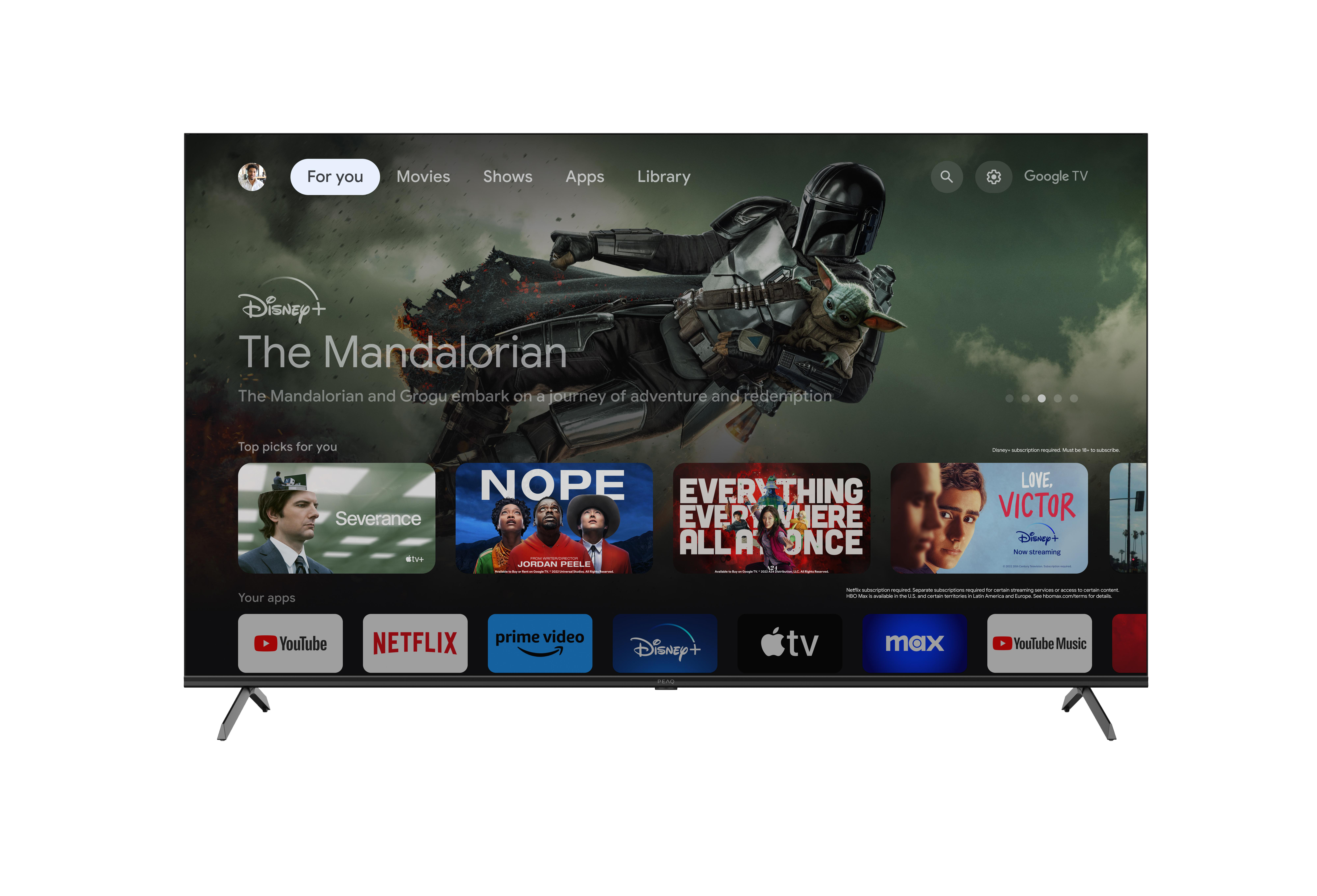 Ein Fernsehbildschirm mit Disney+ und anderen Apps wie Netflix, Prime Video und YouTube.