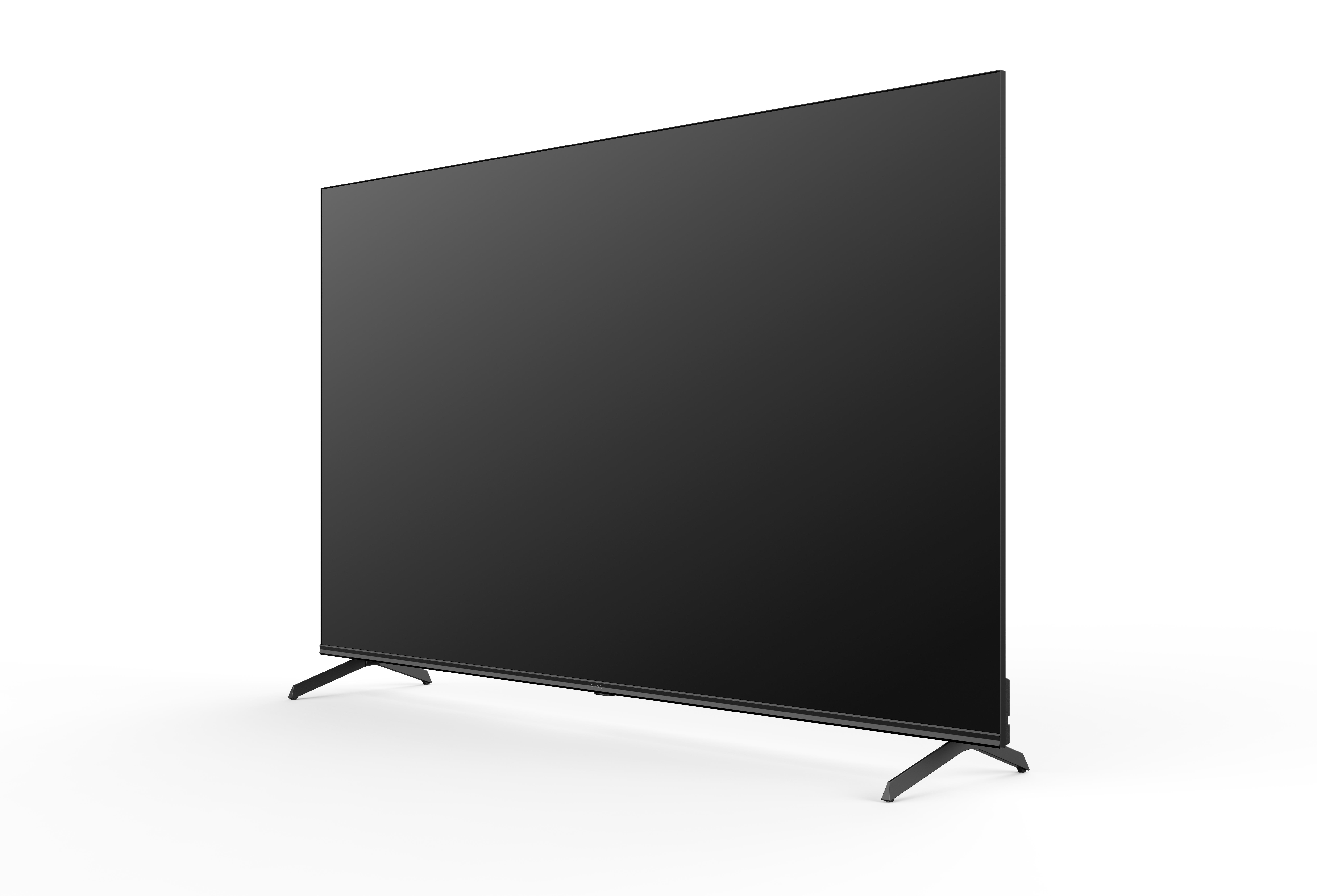 Ein Flachbildfernseher, schwarzer Bildschirm mit Ständer, vor weißem Hintergrund.
