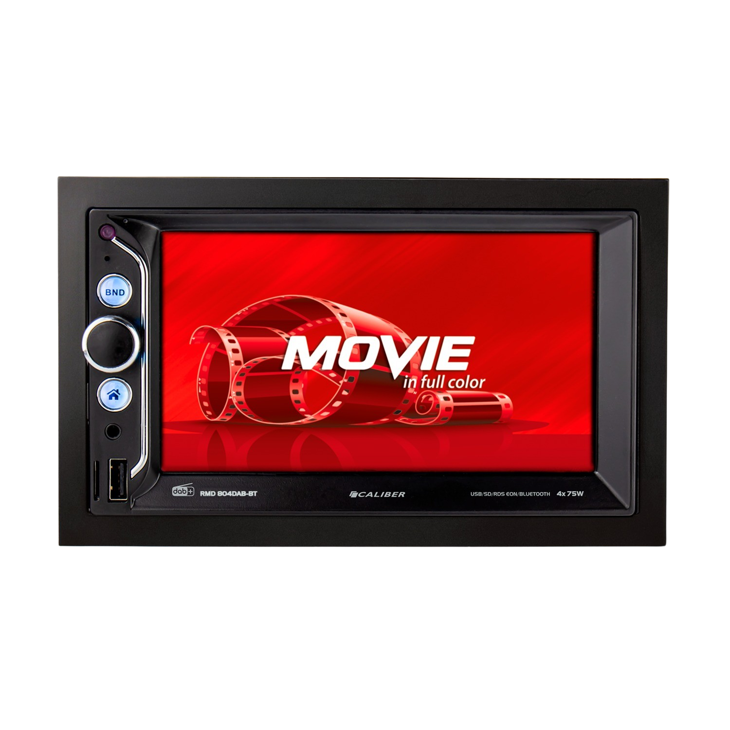 Autoradio avec un écran de film rouge et le mot 'MOVIE'.