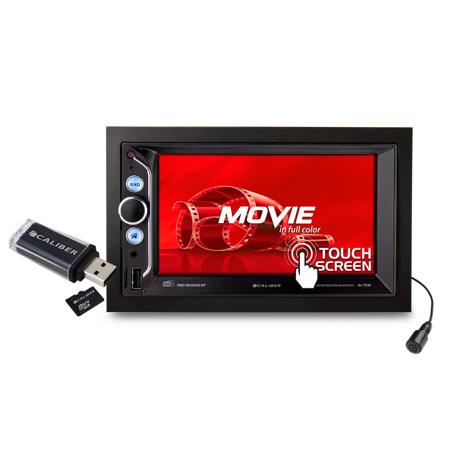 Autoradio avec écran tactile. Film en couleur, port USB et microSD visible.