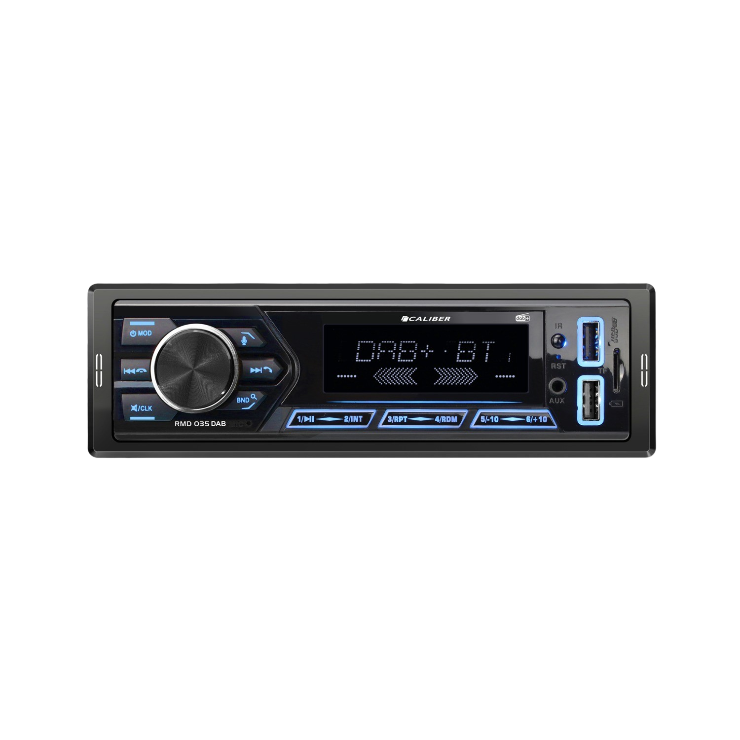 Autoradio met knoppen en een display. Het heeft een ronde knop in het midden en blauwe verlichting.