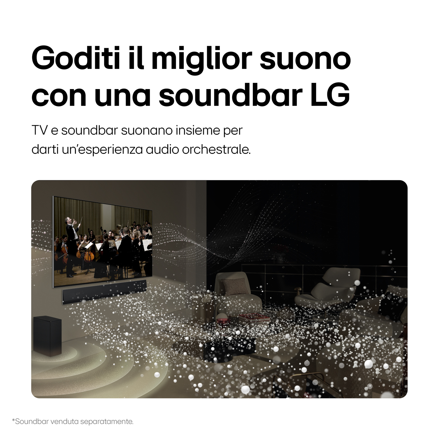 Una TV e una soundbar LG in una stanza, con onde sonore che emanano dalla soundbar.