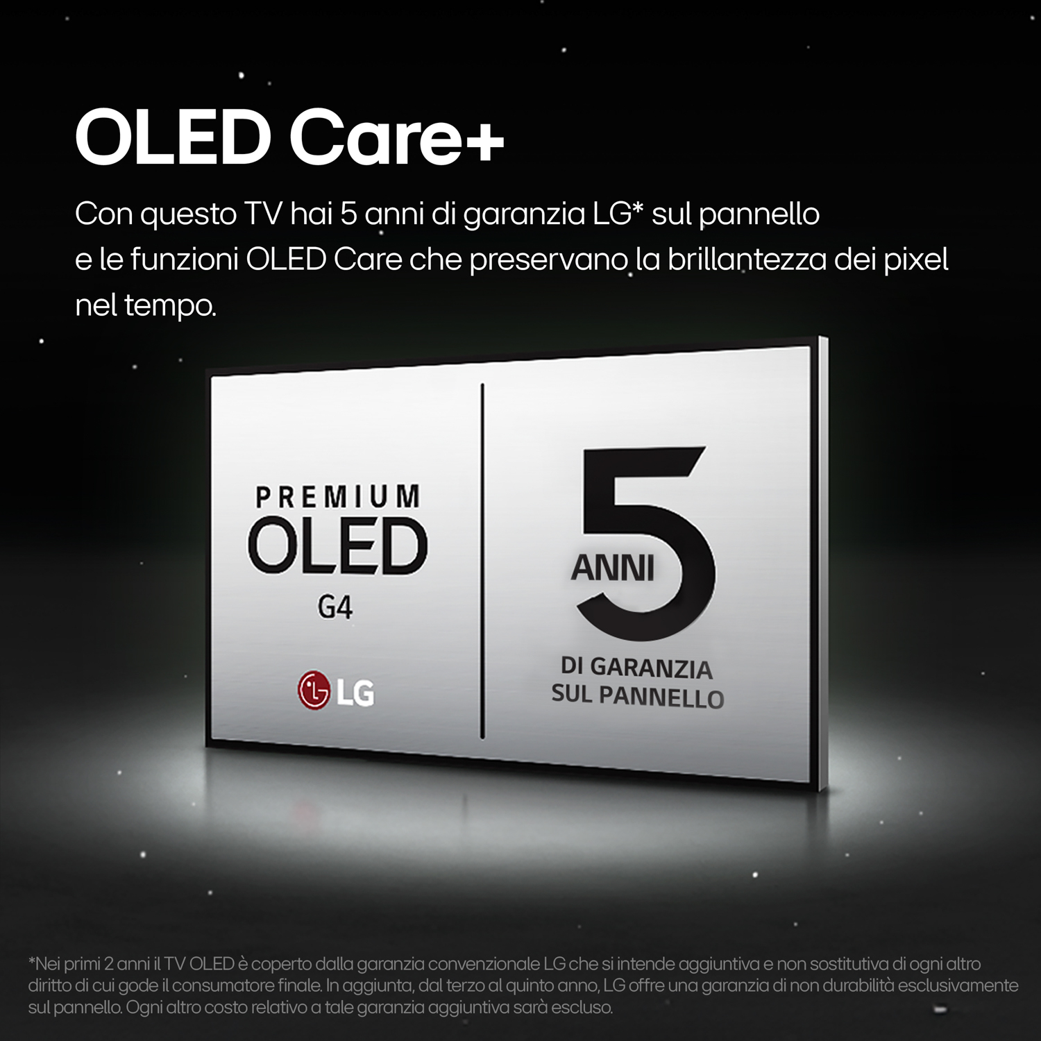 Una pubblicità per un TV OLED LG, che evidenzia la garanzia di 5 anni e le funzionalità OLED Care+.