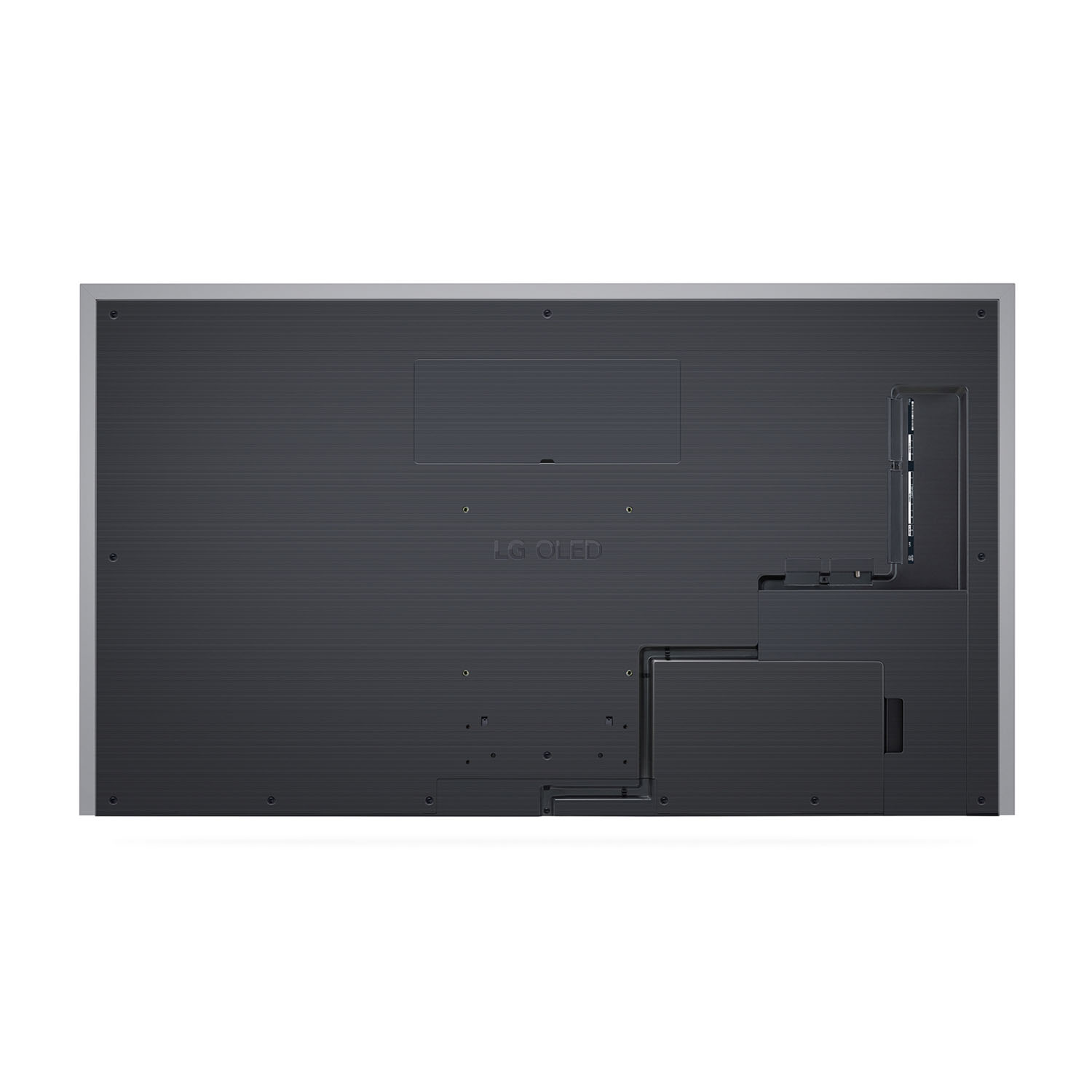 Retro di TV OLED LG nero. Ha varie porte e un pannello nero strutturato.