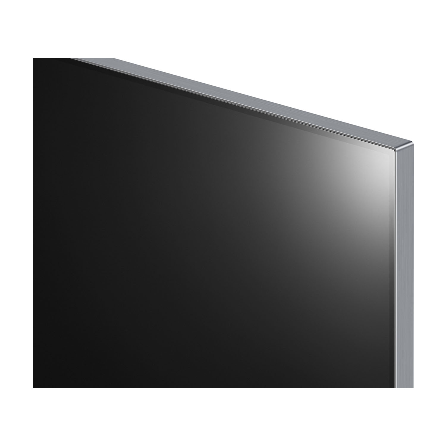 Primo piano di uno schermo TV con cornice argentata su sfondo bianco.