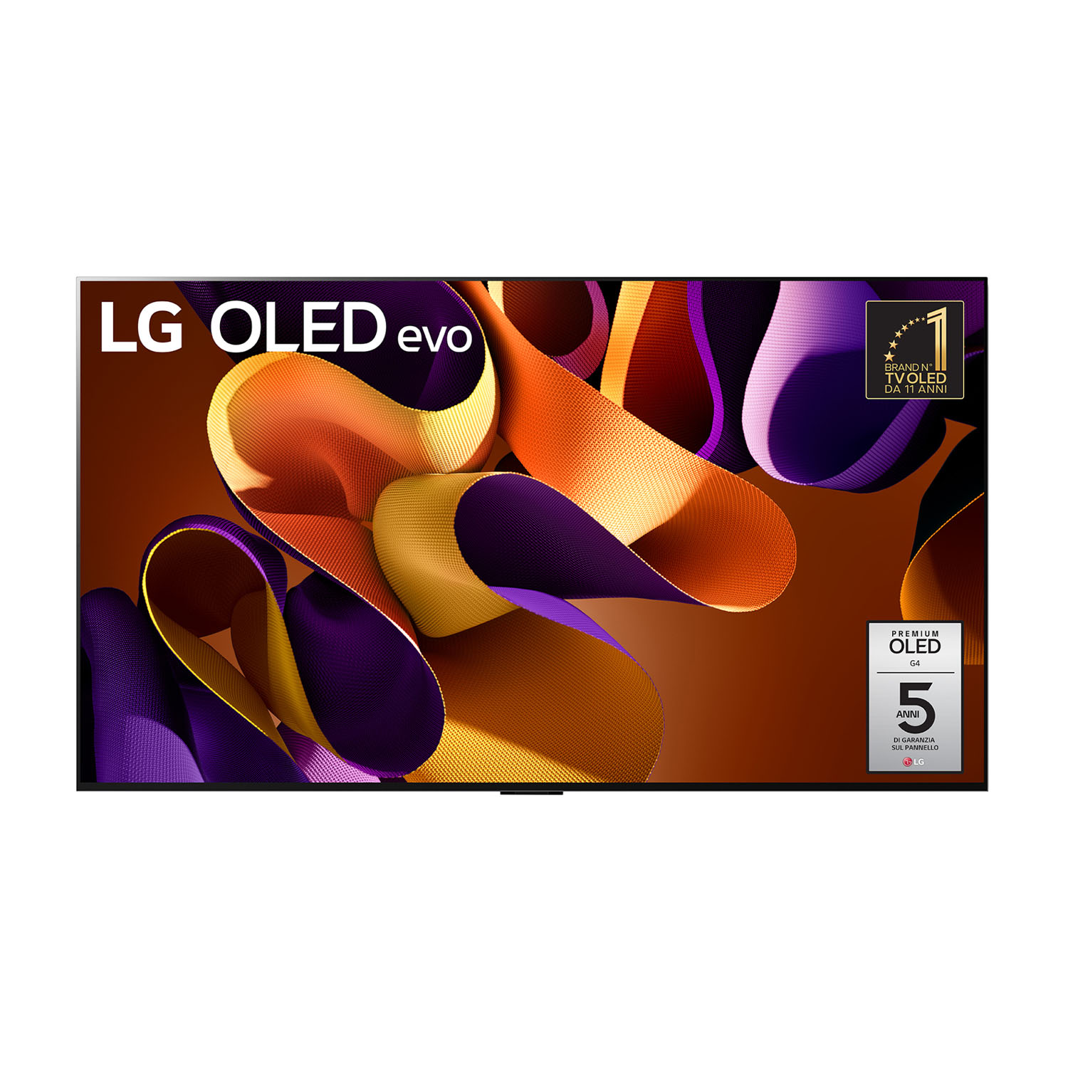 Un grande schermo TV LG OLED evo. Lo schermo mostra forme astratte. Il televisore ha un bordo argentato.