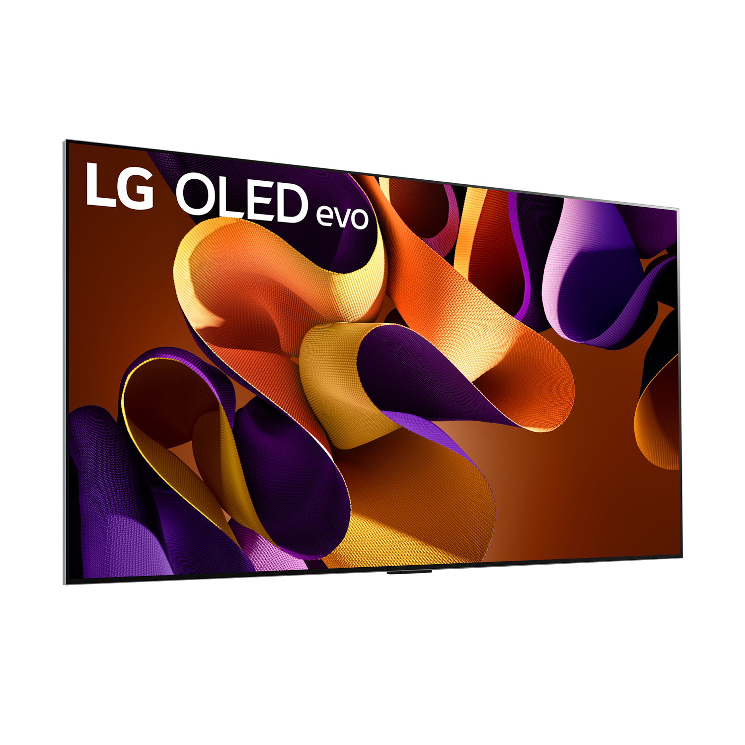 Un TV LG OLED evo che mostra un design astratto con nastri viola, arancioni e gialli.