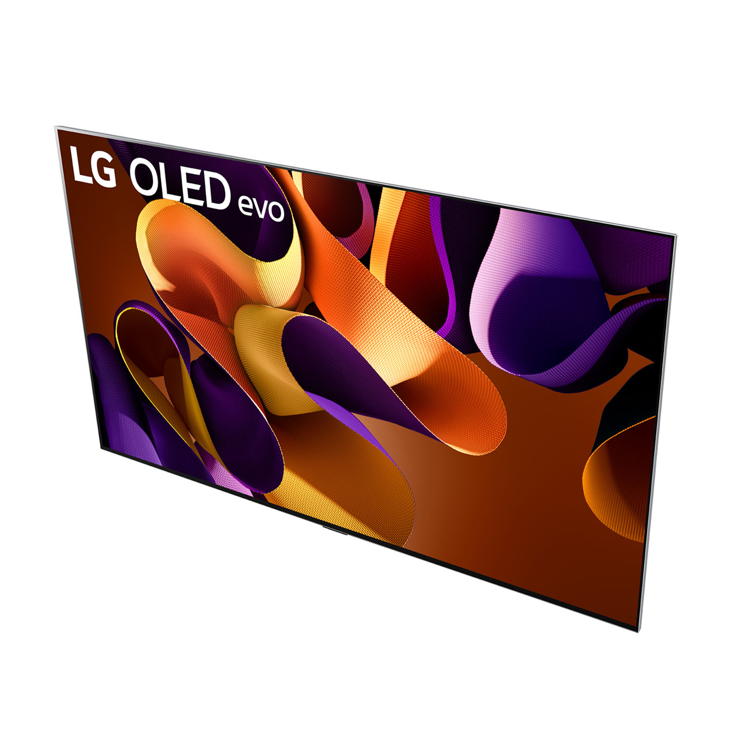 TV LG OLED evo con arte astratta colorata visualizzata sullo schermo, da un'angolazione elevata.
