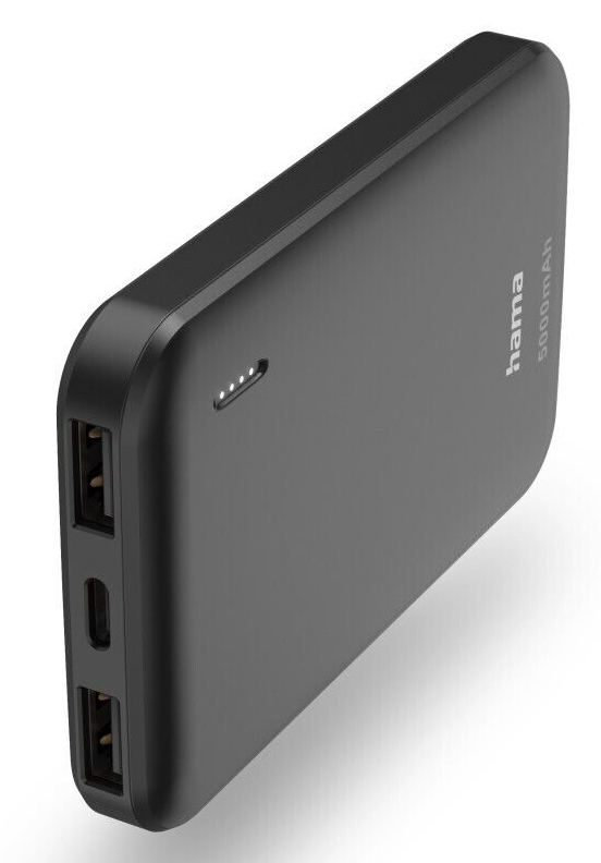 Czarny power bank z dwoma portami USB i portem USB-C. Widoczne słowo "hama".