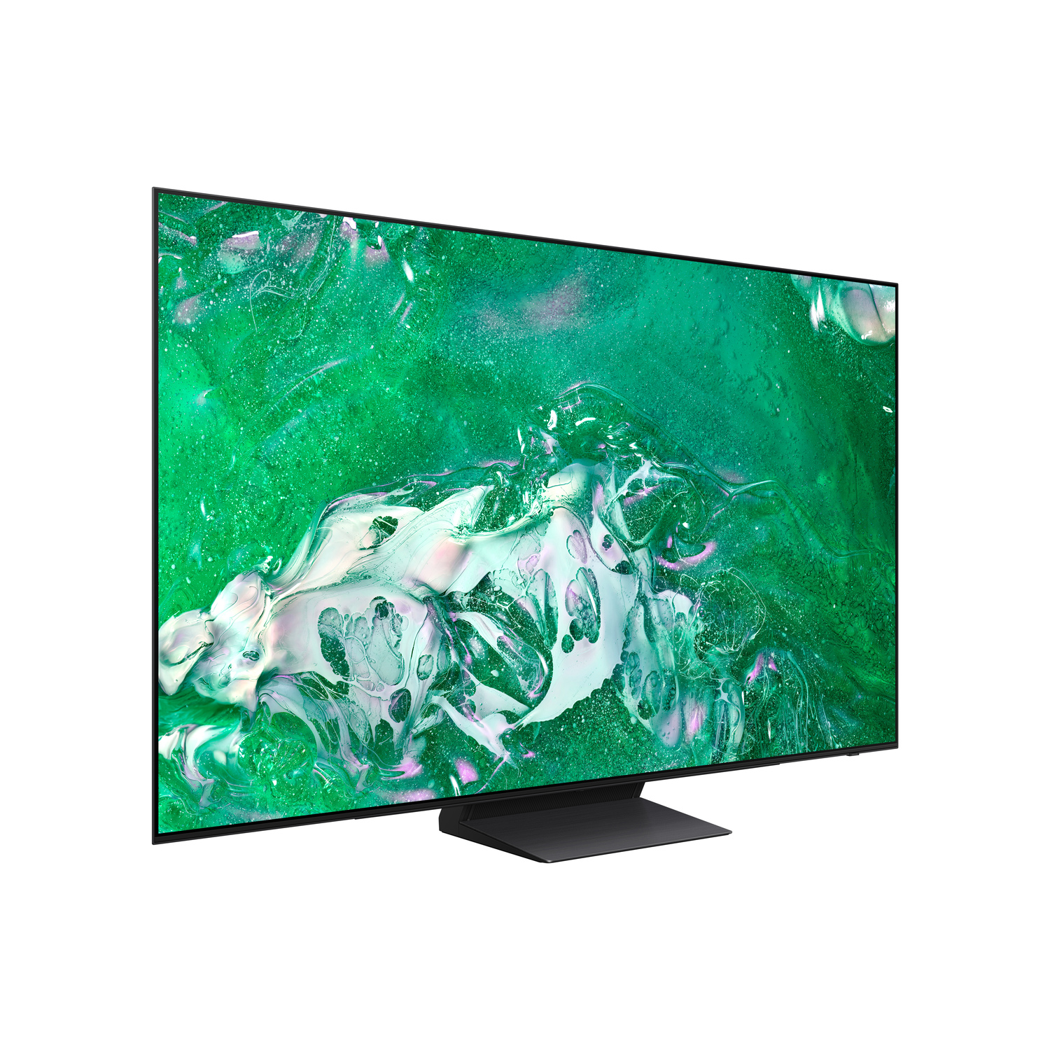 Vue en angle d'un téléviseur Samsung vert moderne sur un support noir.