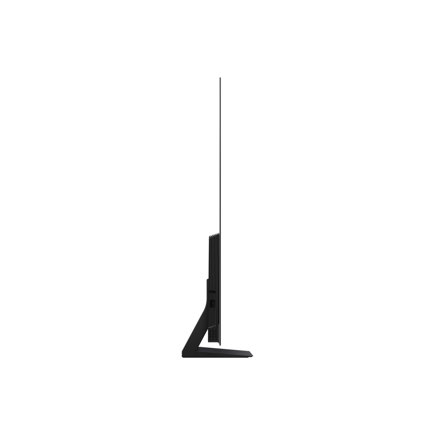 Vue latérale d'un téléviseur noir et fin avec un pied. L'écran est sombre sur fond blanc.