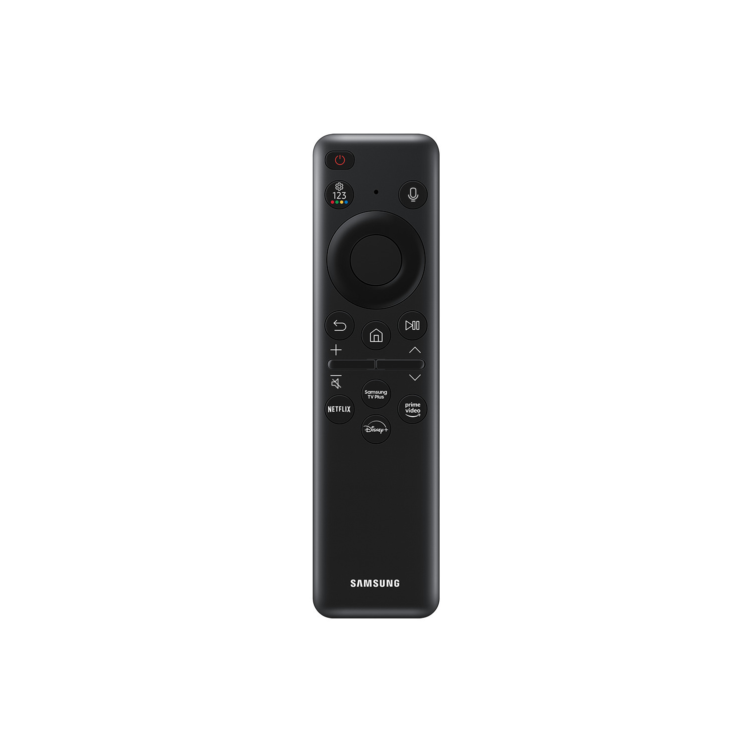 Télécommande de télévision noire avec des boutons. Comprend des boutons numériques, des boutons de navigation et des boutons de service de streaming.
