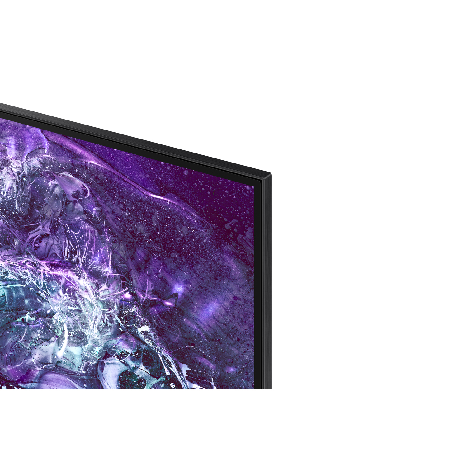 Close-up van een monitor. Het scherm toont een paars-wit ontwerp.