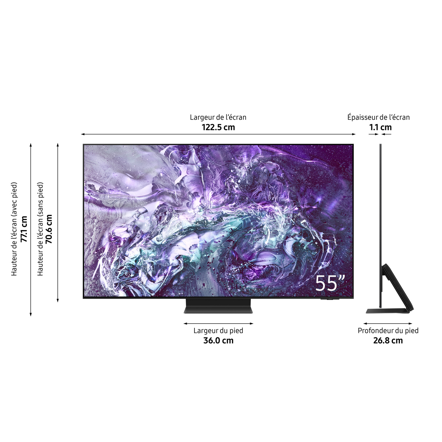 Un grand téléviseur noir avec des dimensions, sur un support. Œuvre d'art violette et blanche affichée.