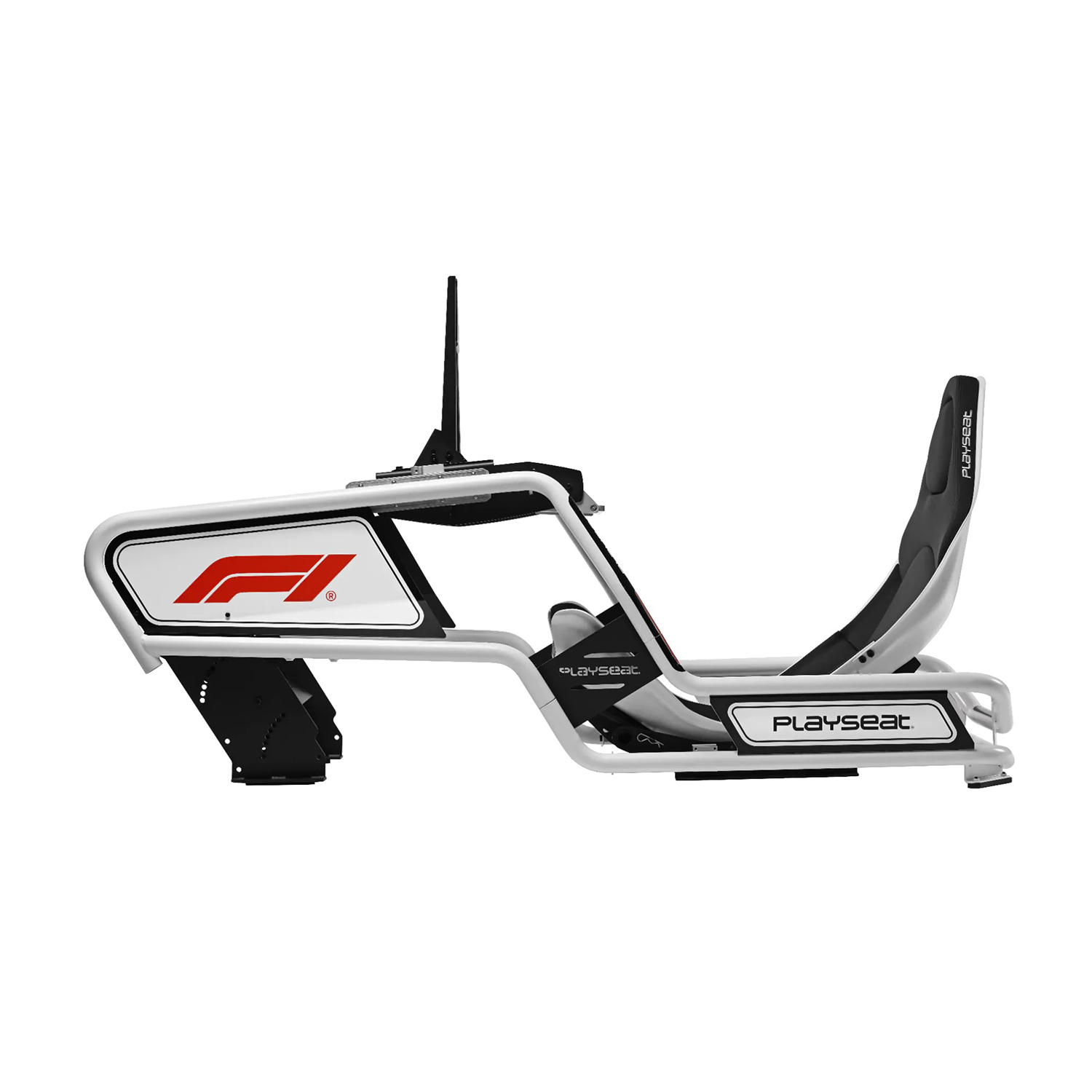 Telaio simulatore di corse bianco con logo F1 rosso. Sedile nero. PLAYSEAT scritto in bianco.