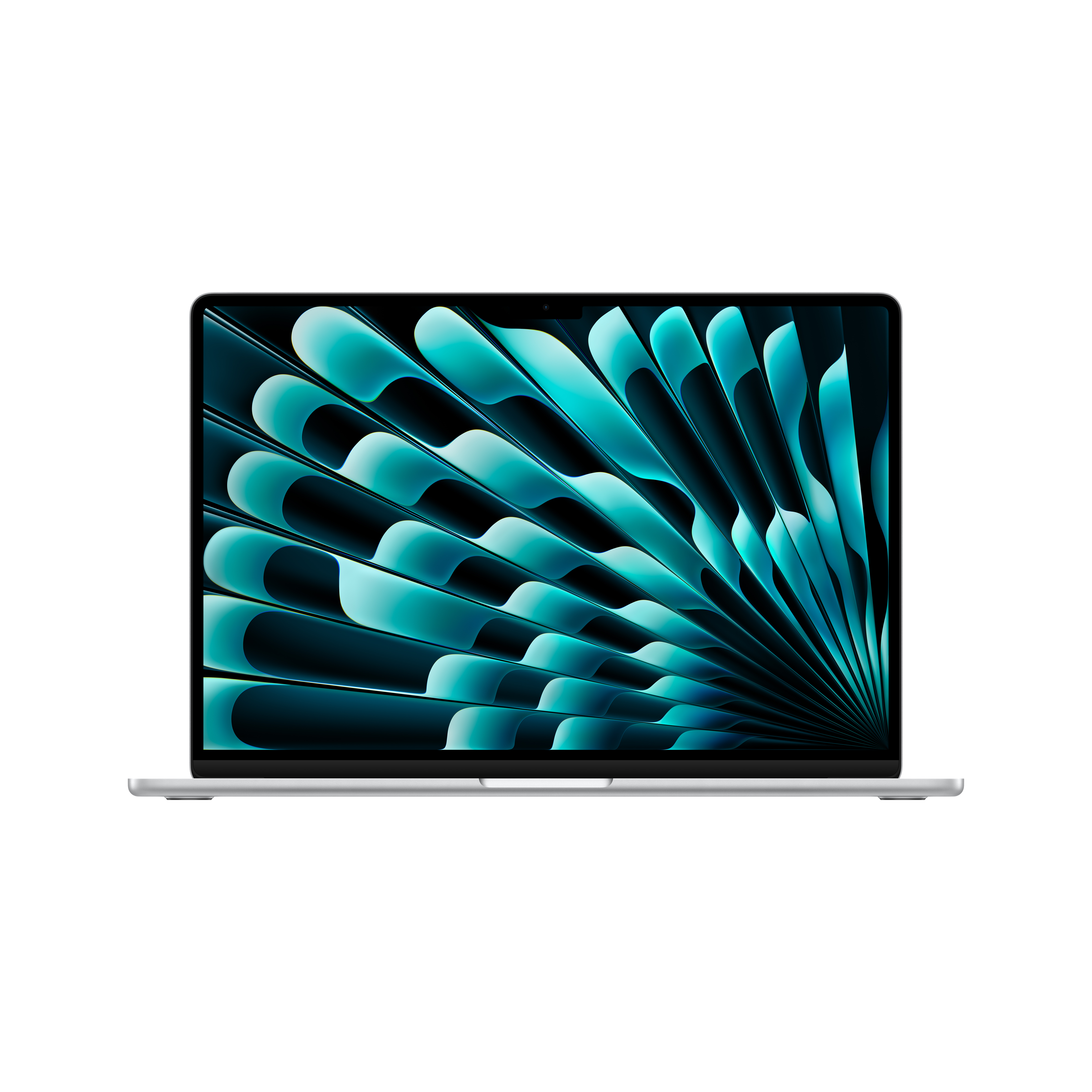 Laptop sobre un fondo negro, pantalla que muestra un patrón abstracto de formas de abanico azules y turquesas.
