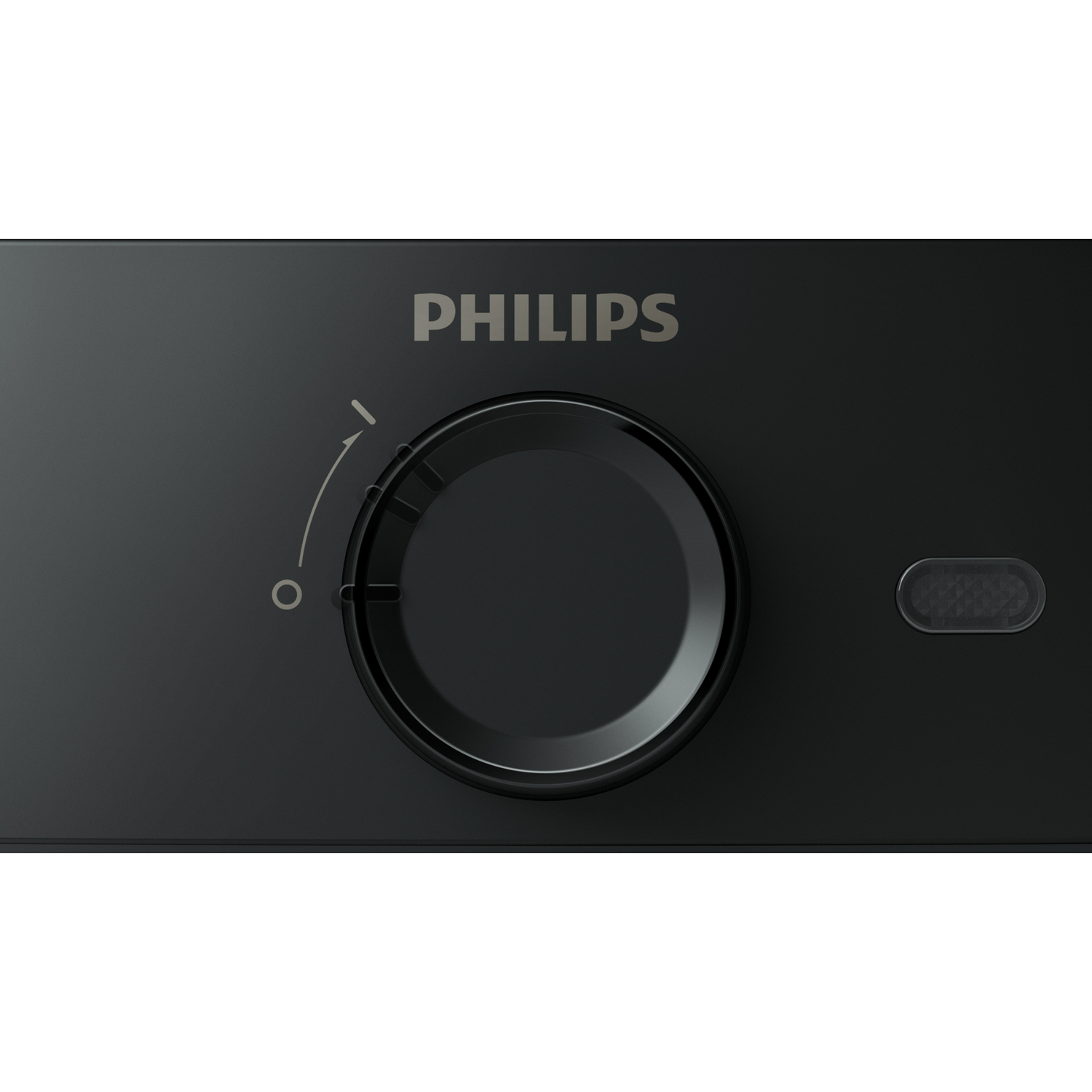 Close-up van een zwarte bedieningsknop met het Philips-logo.