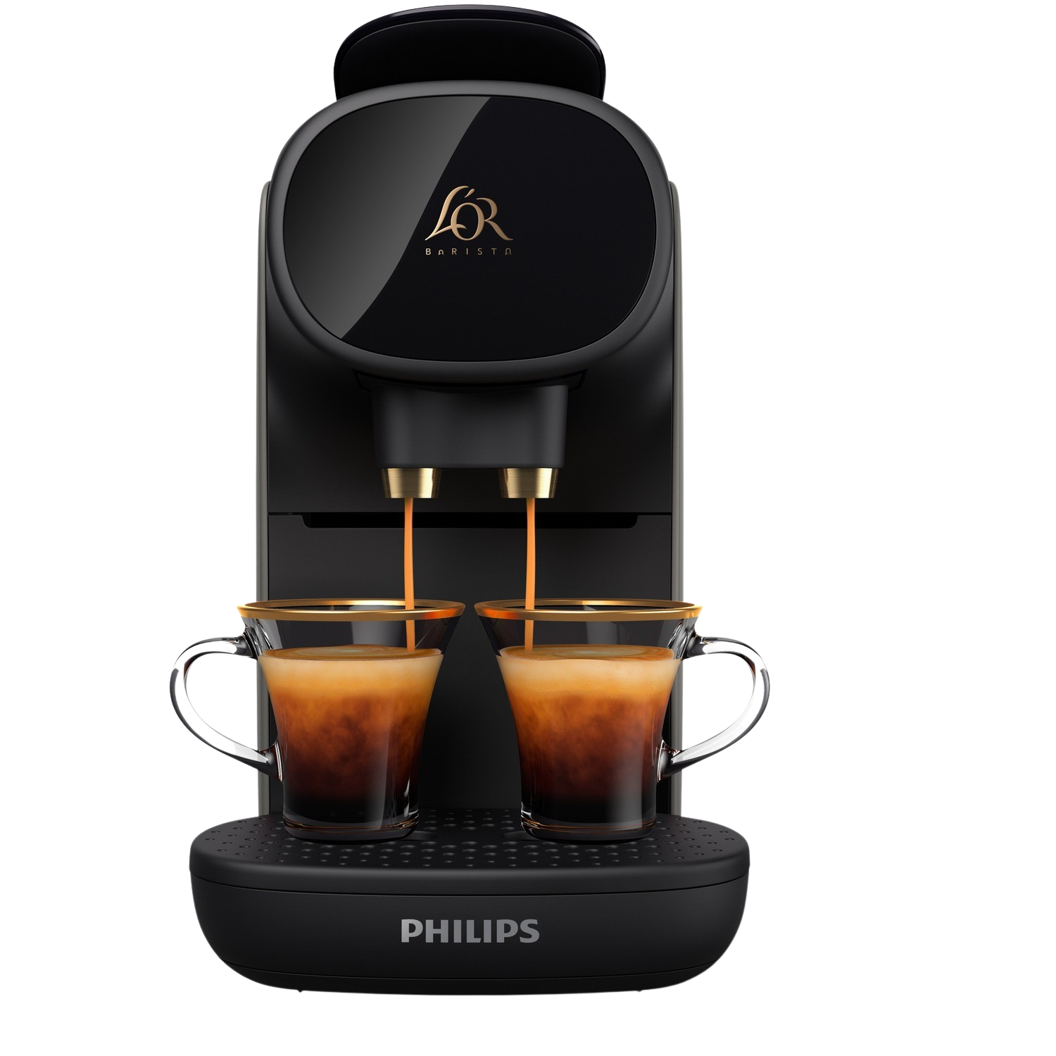 Zwarte Philips L'OR Barista koffiemachine, die espresso in twee glazen zet.