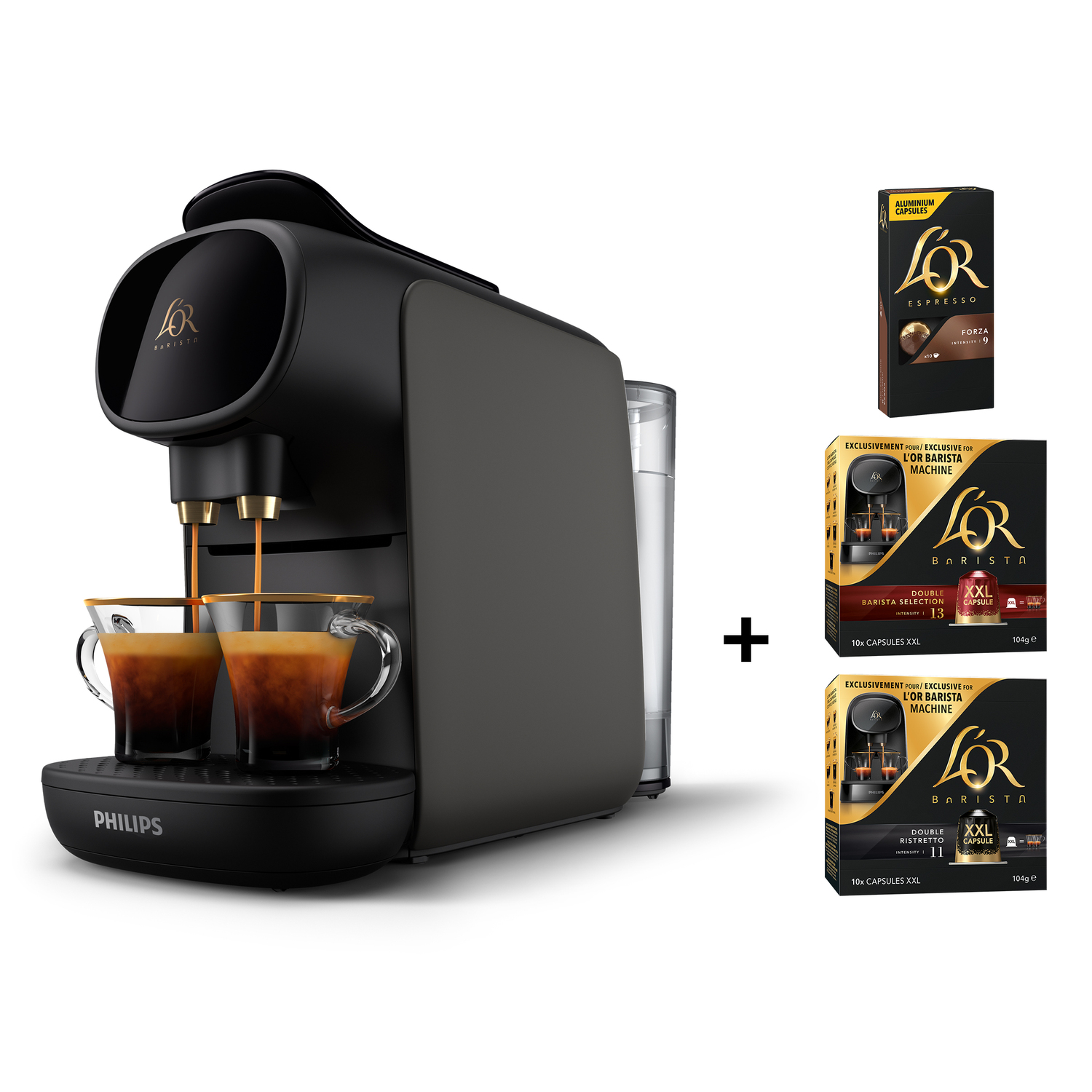 Een zwarte Philips koffiemachine met twee kopjes koffie en koffiecapsules.