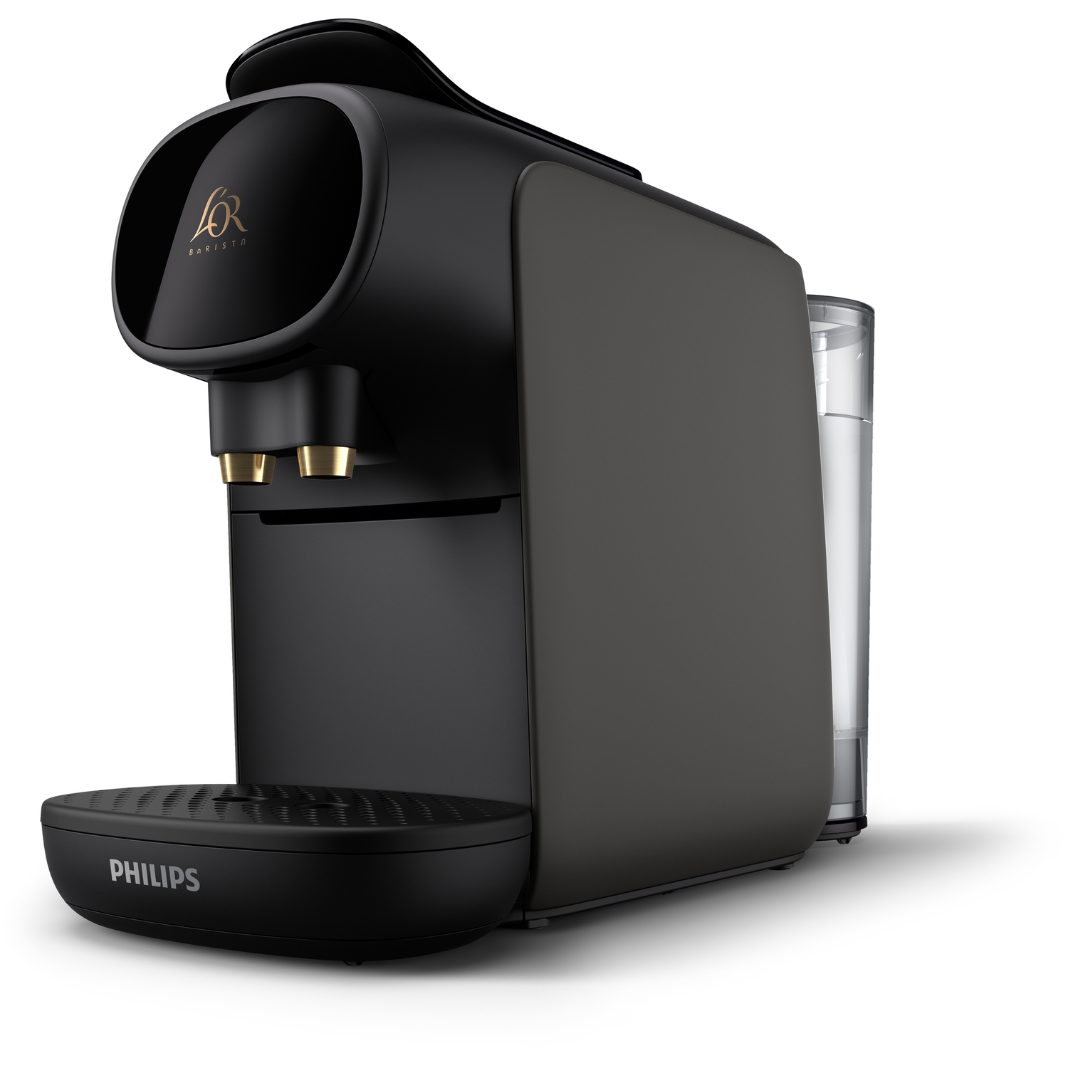 Zwart-grijze koffiemachine met waterreservoir en gouden accenten.