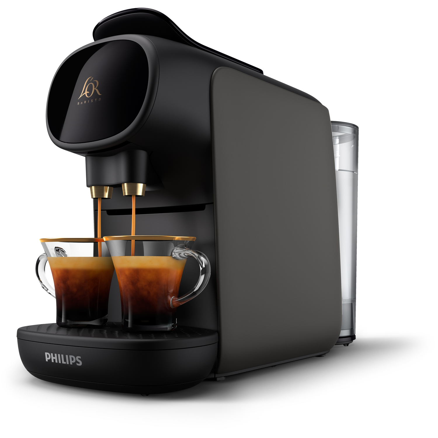 Een zwarte Philips L'Or Barista koffiemachine met twee kopjes koffie die worden ingeschonken.